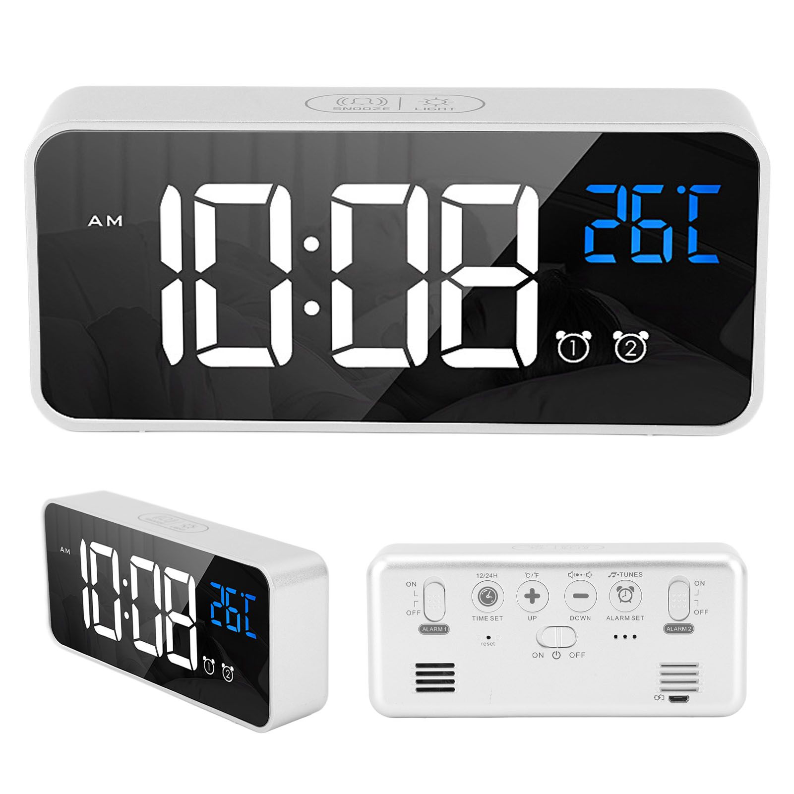 Mirror LED Alarm Clock Two Sets of Alarm Rechargeable Voice Activated Digital view 9