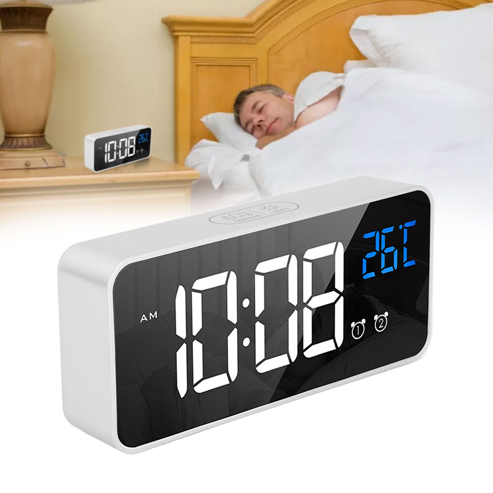 Mirror LED Alarm Clock Two Sets of Alarm Rechargeable Voice Activated Digital view 12