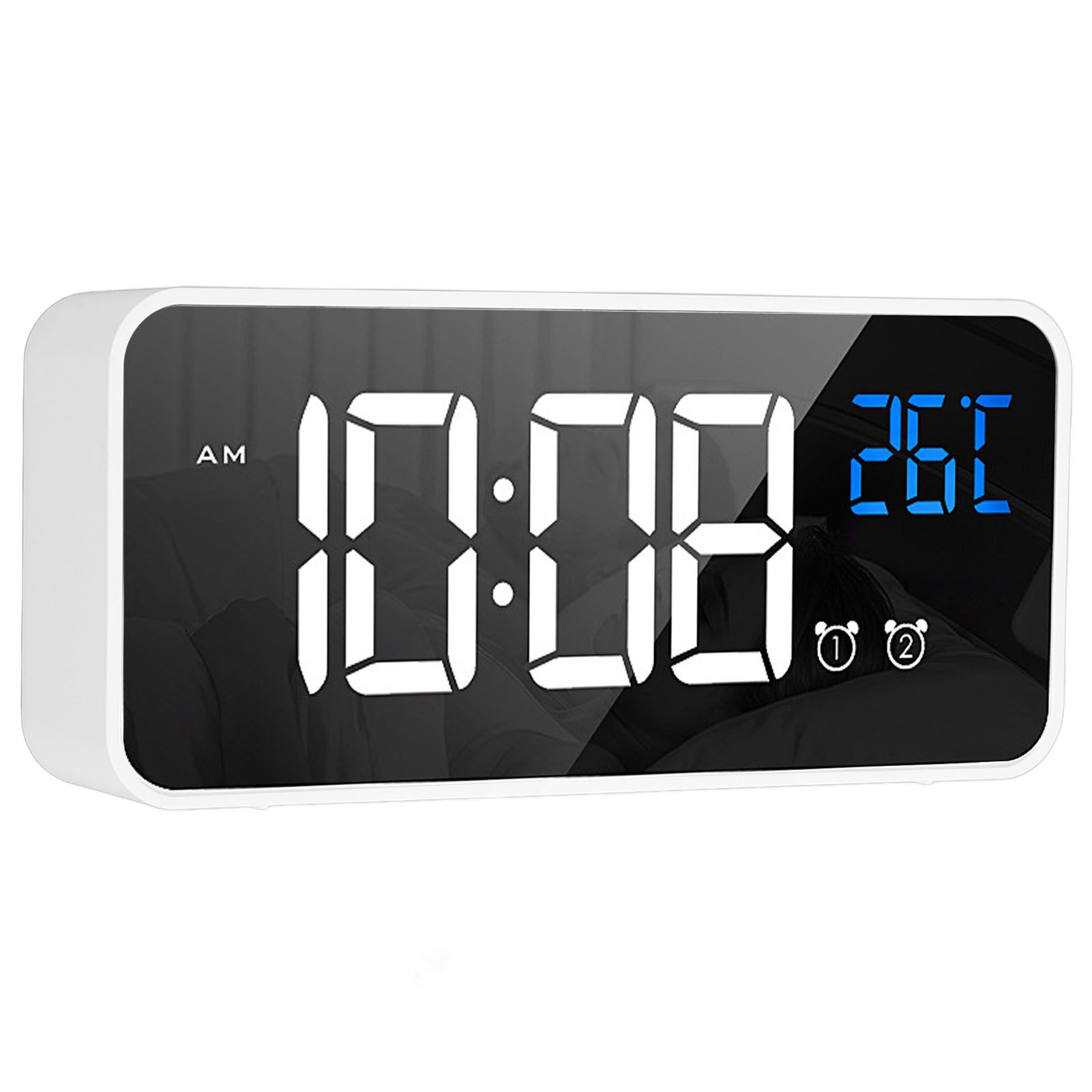 Mirror LED Alarm Clock Two Sets of Alarm Rechargeable Voice Activated Digital view 4
