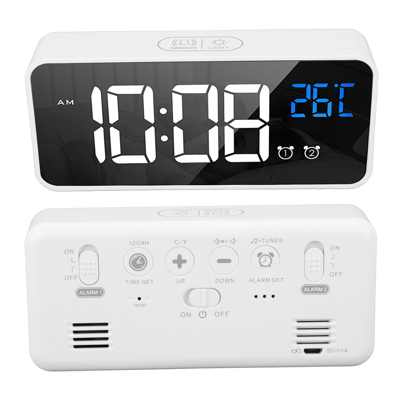 Mirror LED Alarm Clock Two Sets of Alarm Rechargeable Voice Activated Digital view 9