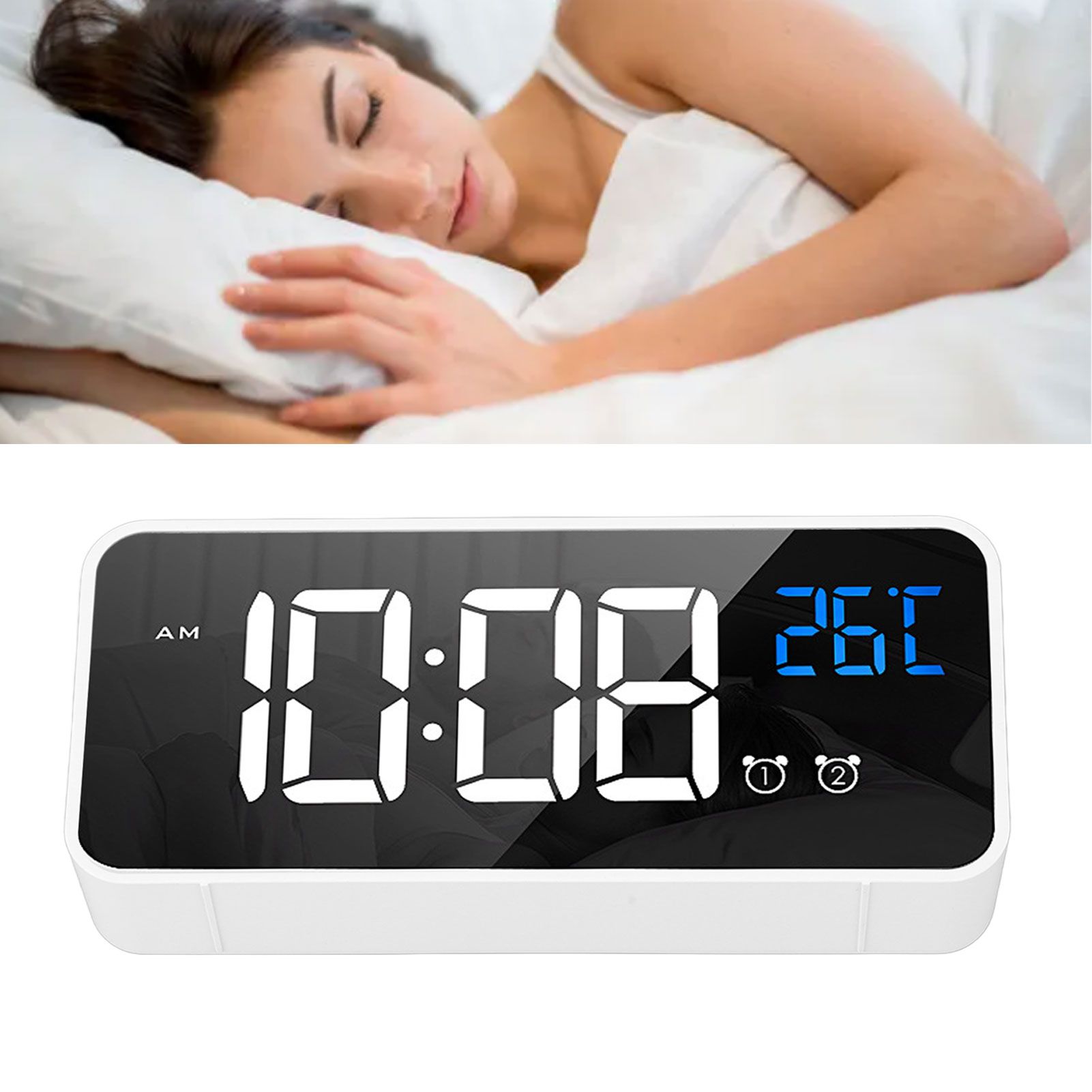 Mirror LED Alarm Clock Two Sets of Alarm Rechargeable Voice Activated Digital view 11