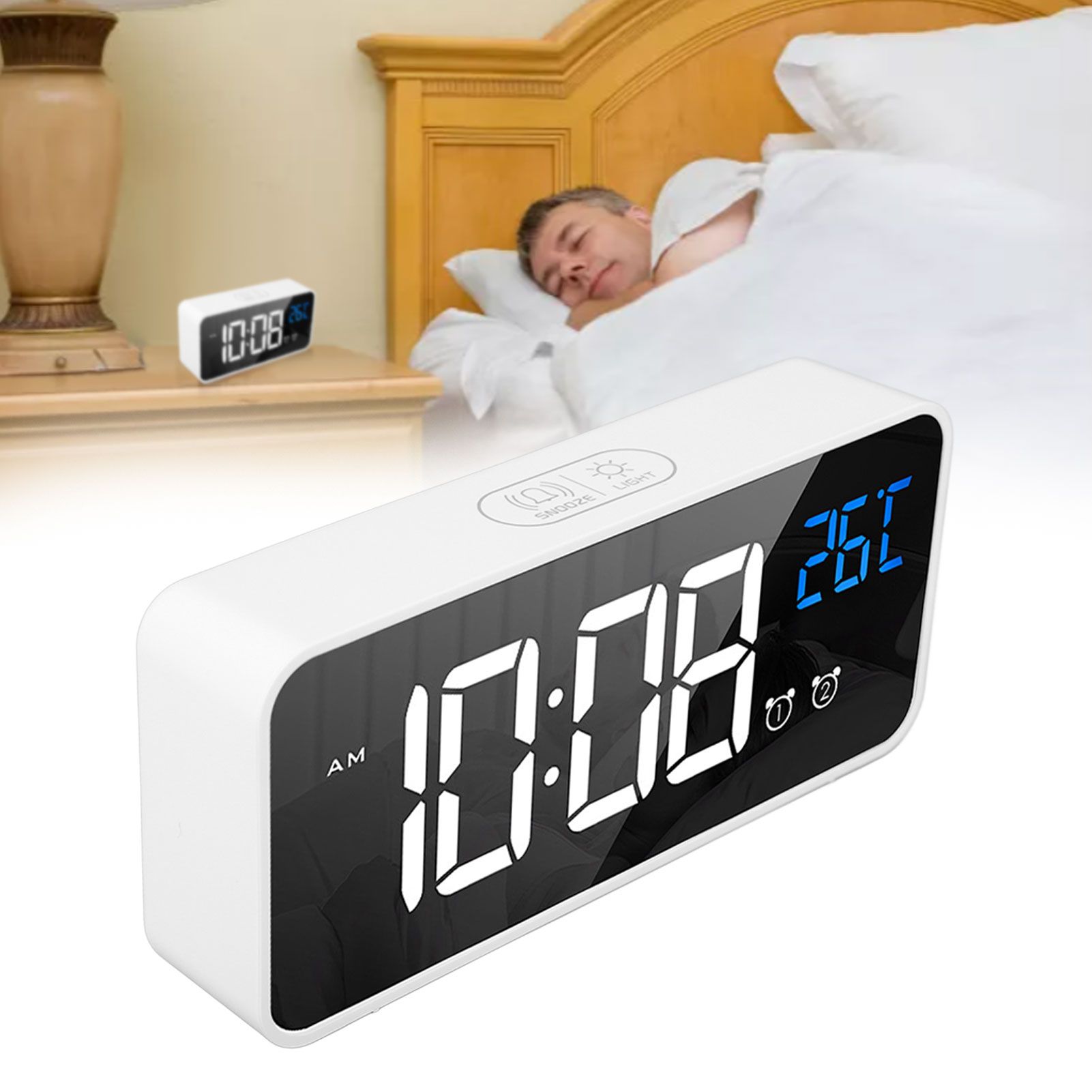Mirror LED Alarm Clock Two Sets of Alarm Rechargeable Voice Activated Digital view 12
