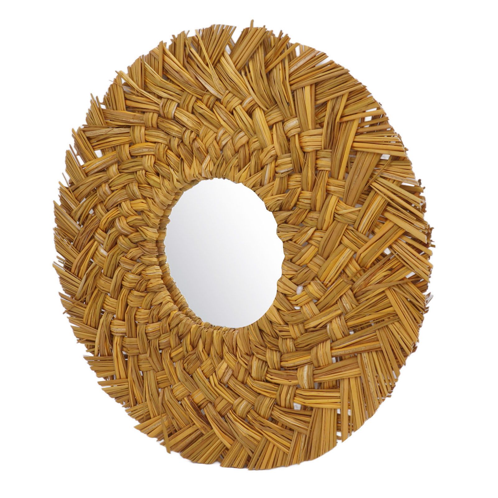 Straw Weaving Wall Mirror Retro Beautiful Woven Wall Hanging Mirror for Dorm view 2