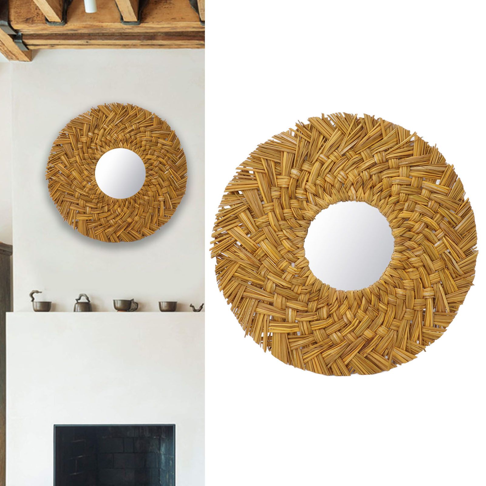 Straw Weaving Wall Mirror Retro Beautiful Woven Wall Hanging Mirror for Dorm view 11