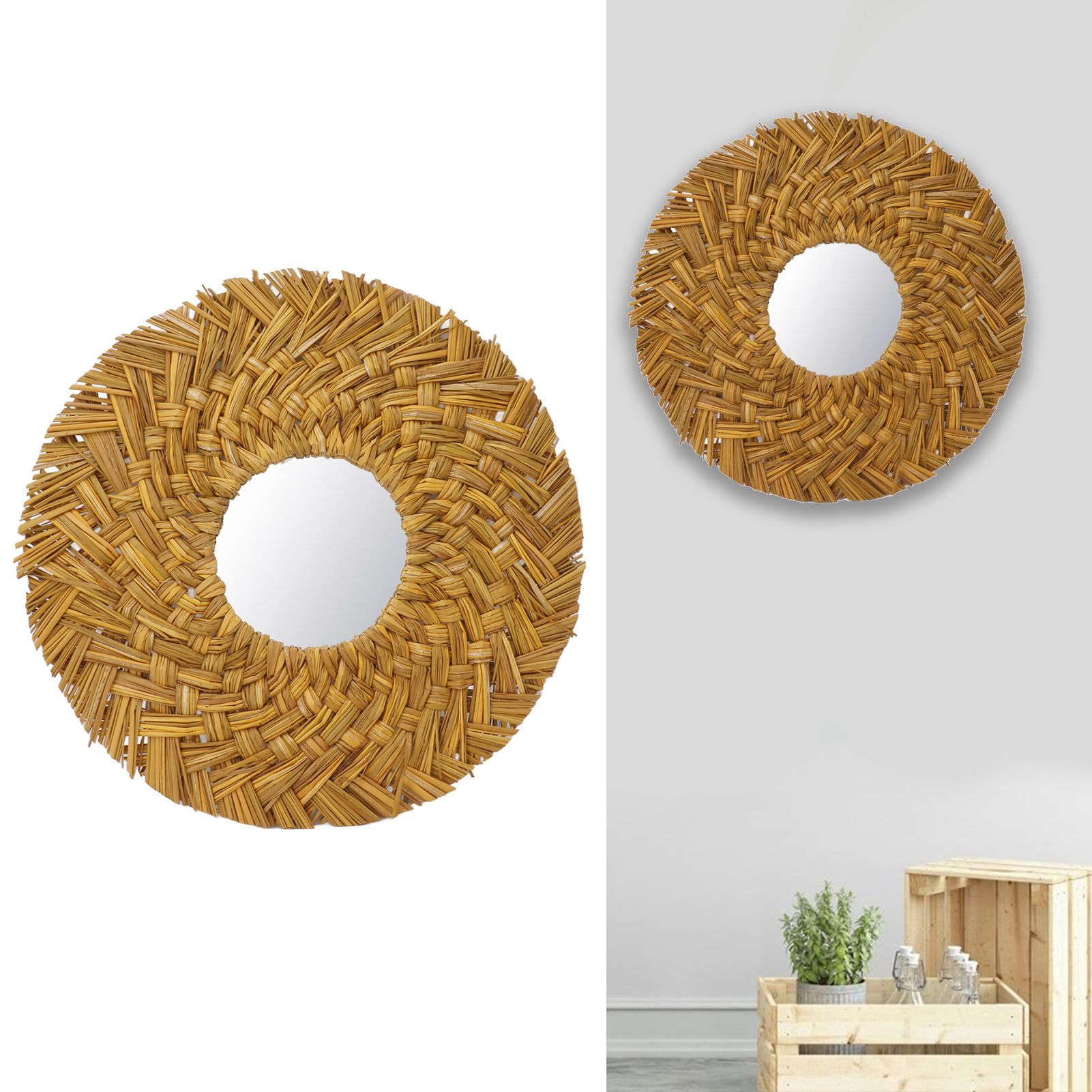 Straw Weaving Wall Mirror Retro Beautiful Woven Wall Hanging Mirror for Dorm view 12