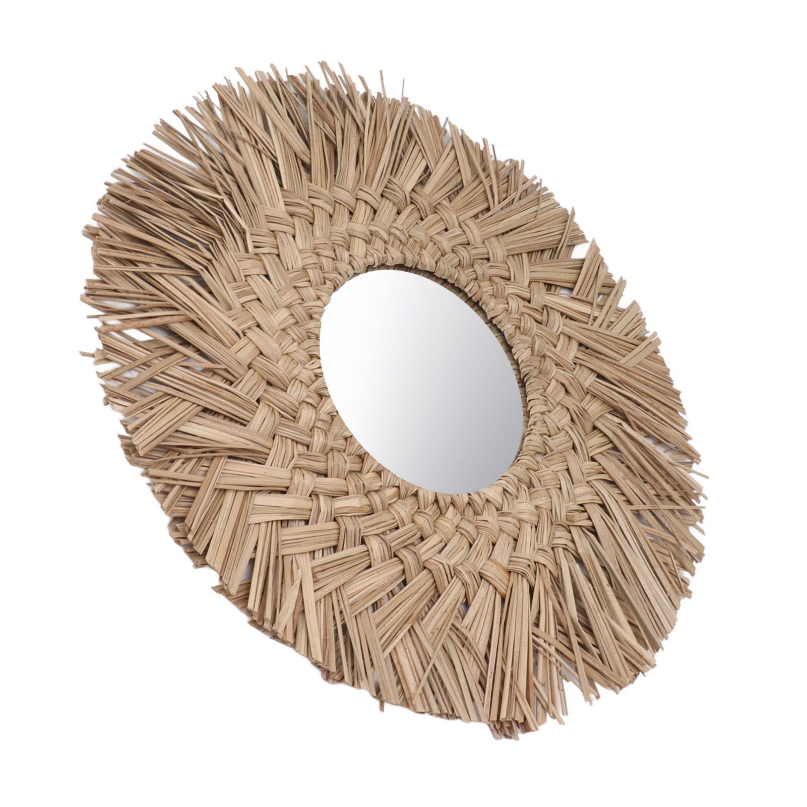Straw Weaving Wall Mirror Retro Beautiful Woven Wall Hanging Mirror for Dorm view 2