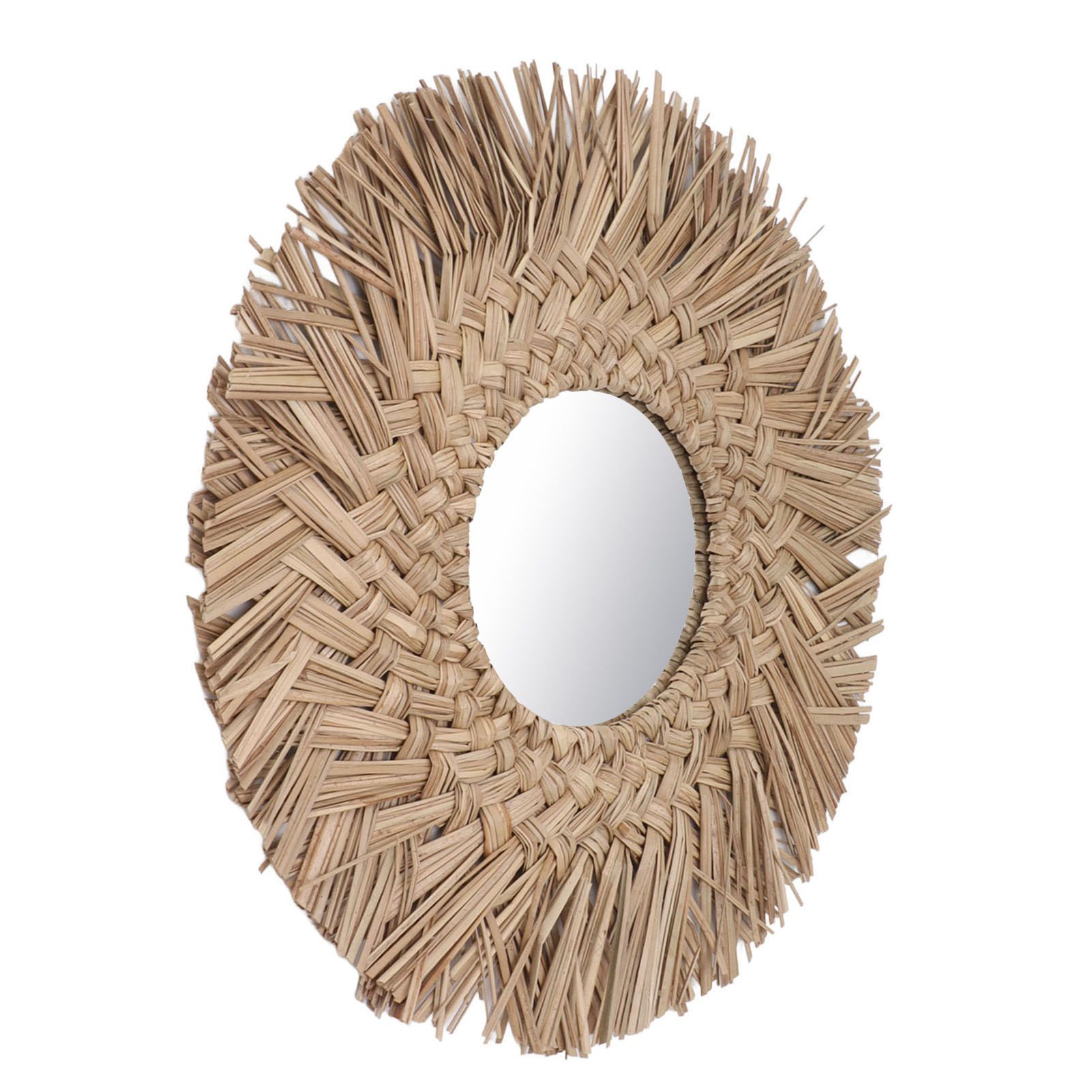Straw Weaving Wall Mirror Retro Beautiful Woven Wall Hanging Mirror for Dorm view 3