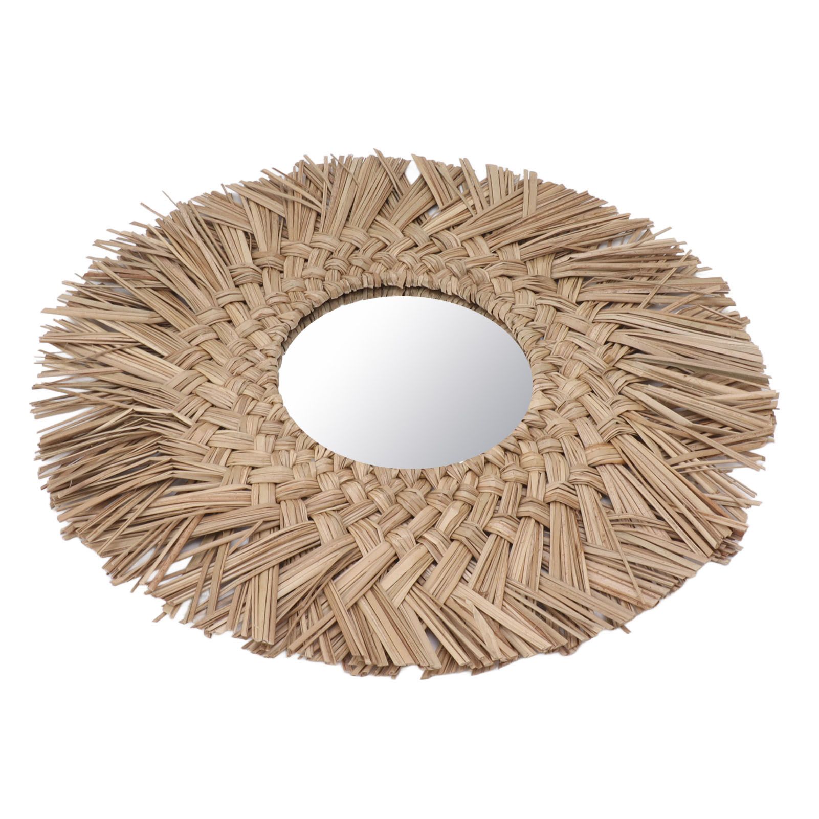 Straw Weaving Wall Mirror Retro Beautiful Woven Wall Hanging Mirror for Dorm view 7