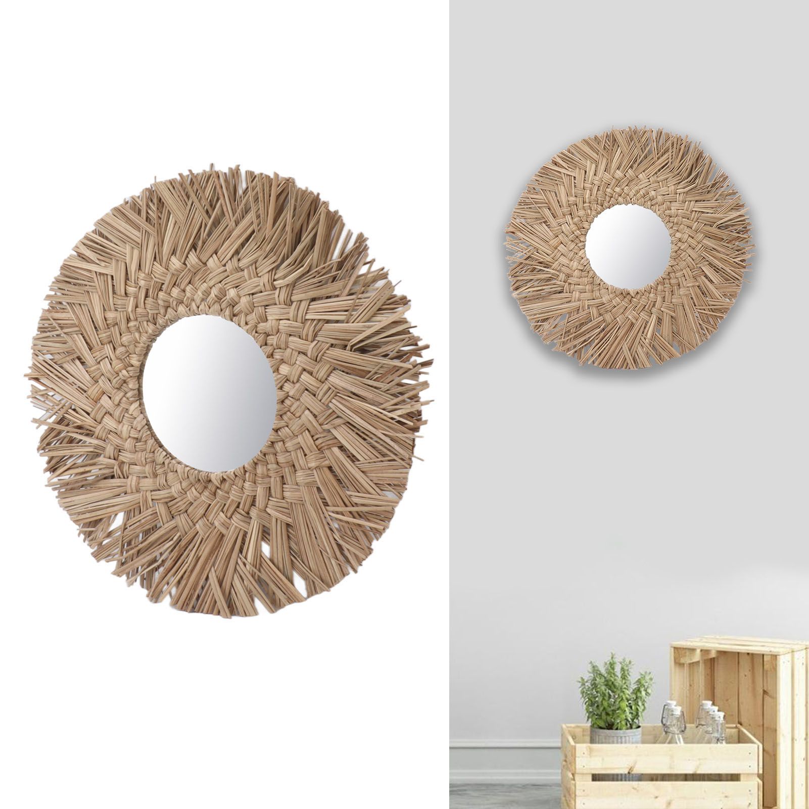 Straw Weaving Wall Mirror Retro Beautiful Woven Wall Hanging Mirror for Dorm view 11