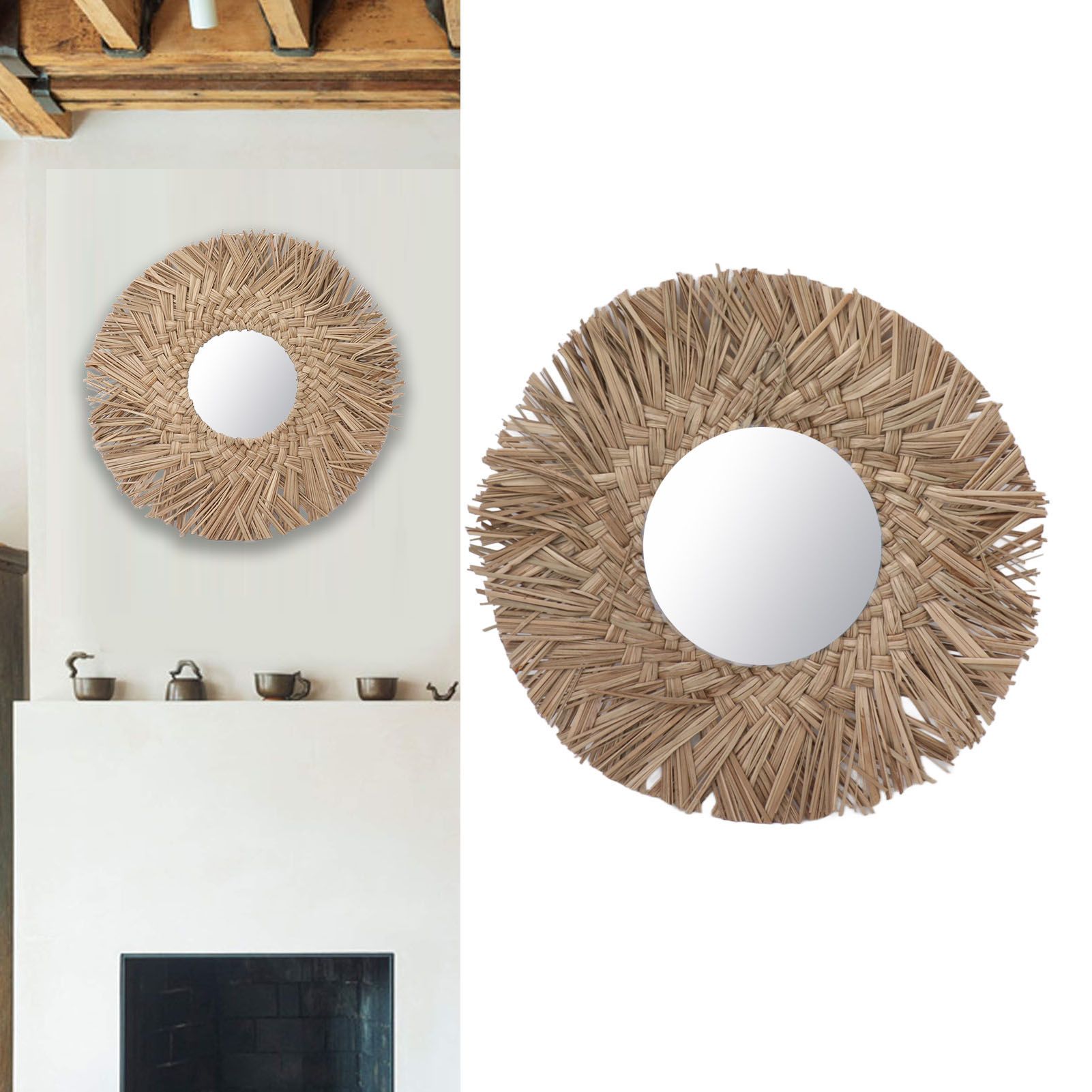 Straw Weaving Wall Mirror Retro Beautiful Woven Wall Hanging Mirror for Dorm view 12