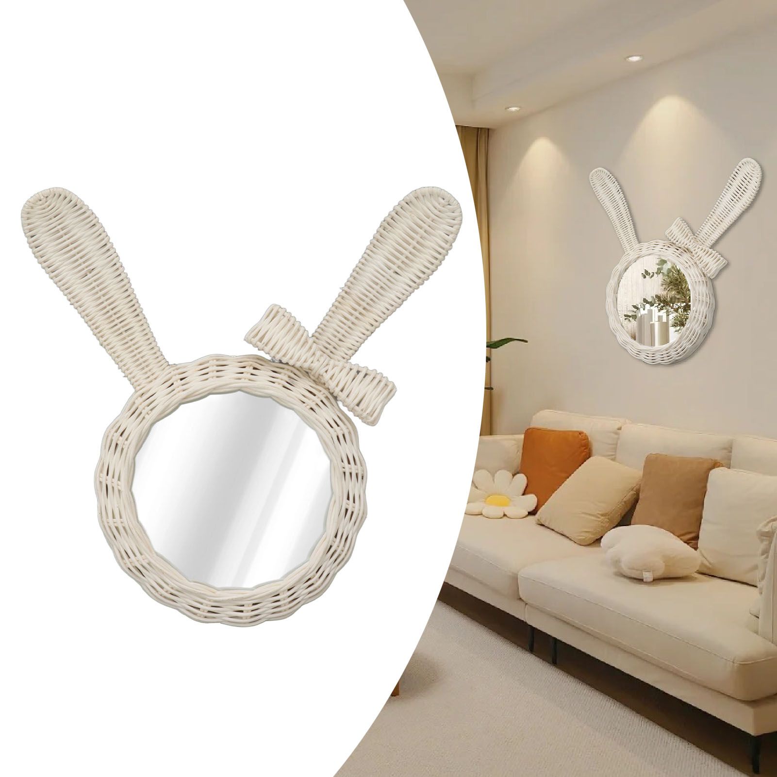Decorative Mirror White Rabbit Shaped Retro HD Rattan Mirror for Bathroom Bedroom view 11