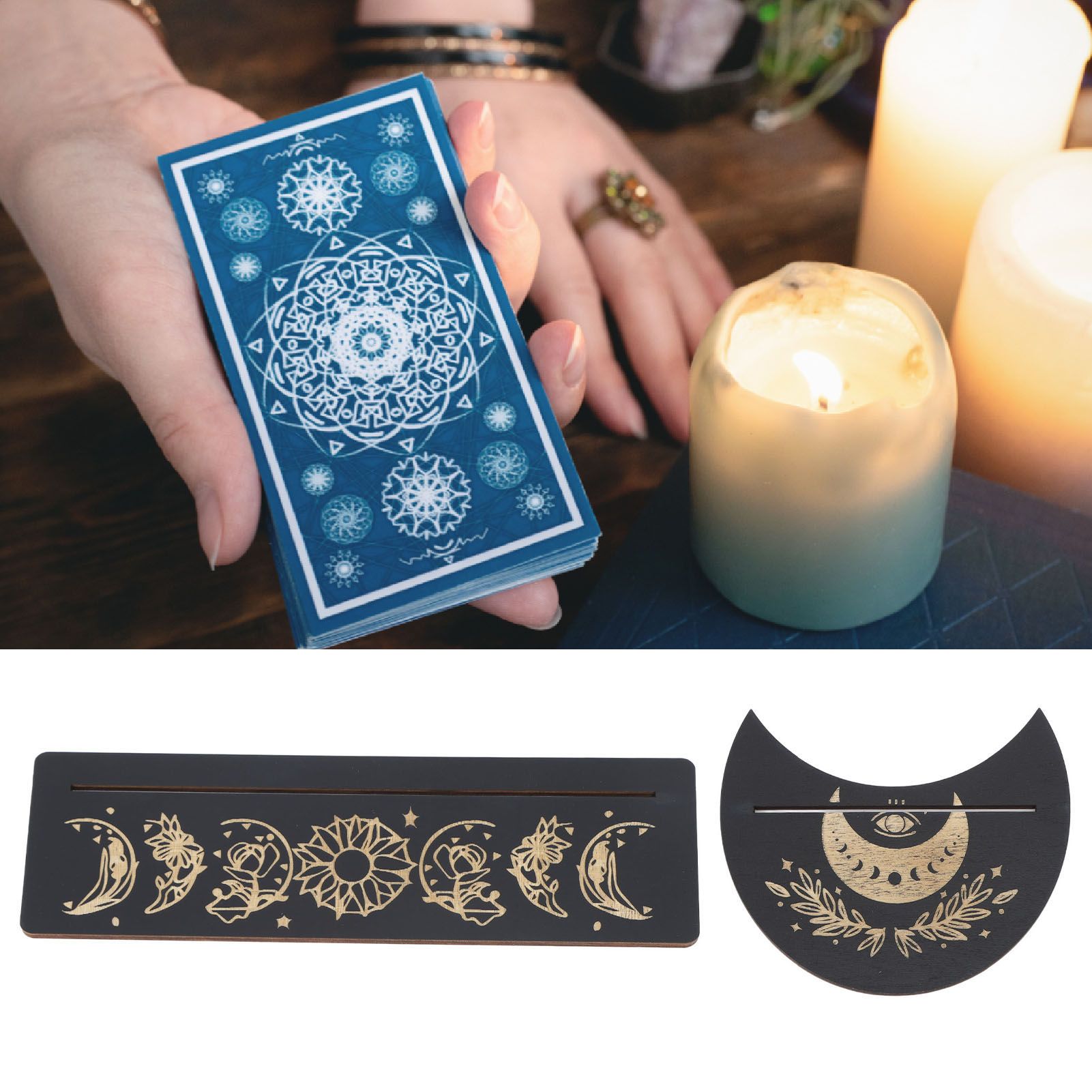 2 Pieces Wooden Tarot Card Stand Holder Moon Shape and Rectangle Wooden Tarot view 11