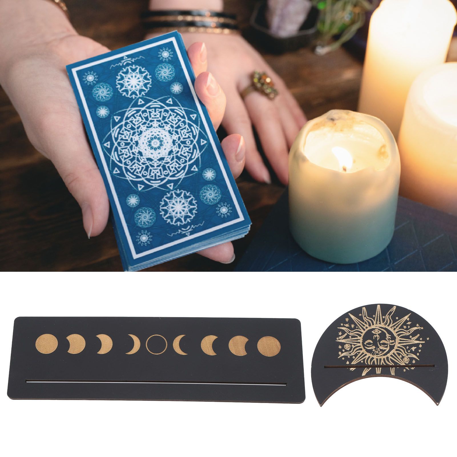 2 Pieces Wooden Tarot Card Stand Holder Moon Shape and Rectangle Wooden Tarot view 12