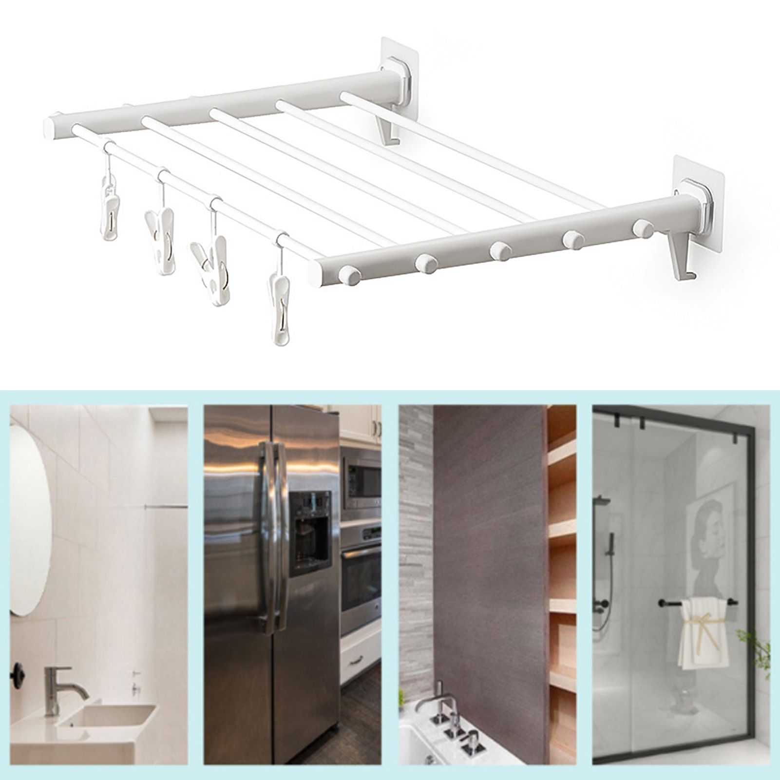 Wall Mounted Clothes Drying Rack Folding Telescopic Punch Free Plastic Laundry view 4