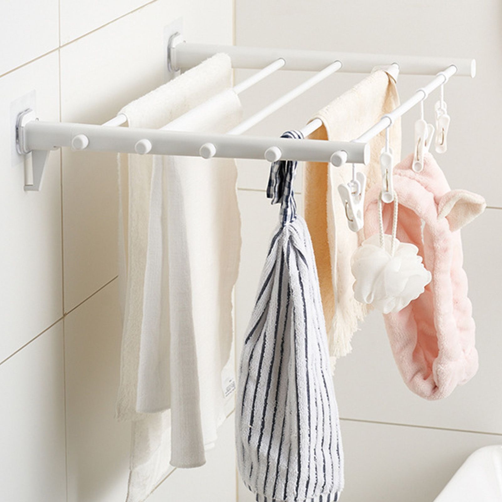 Wall Mounted Clothes Drying Rack Folding Telescopic Punch Free Plastic Laundry view 6