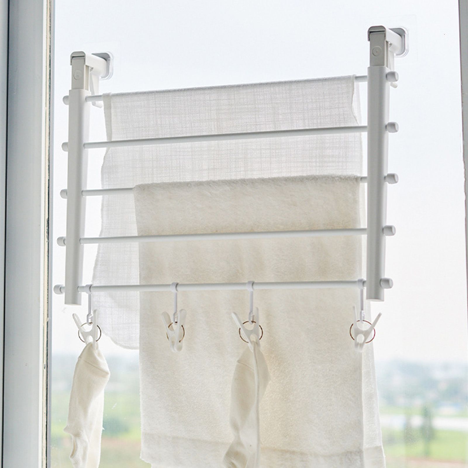 Wall Mounted Clothes Drying Rack Folding Telescopic Punch Free Plastic Laundry view 11