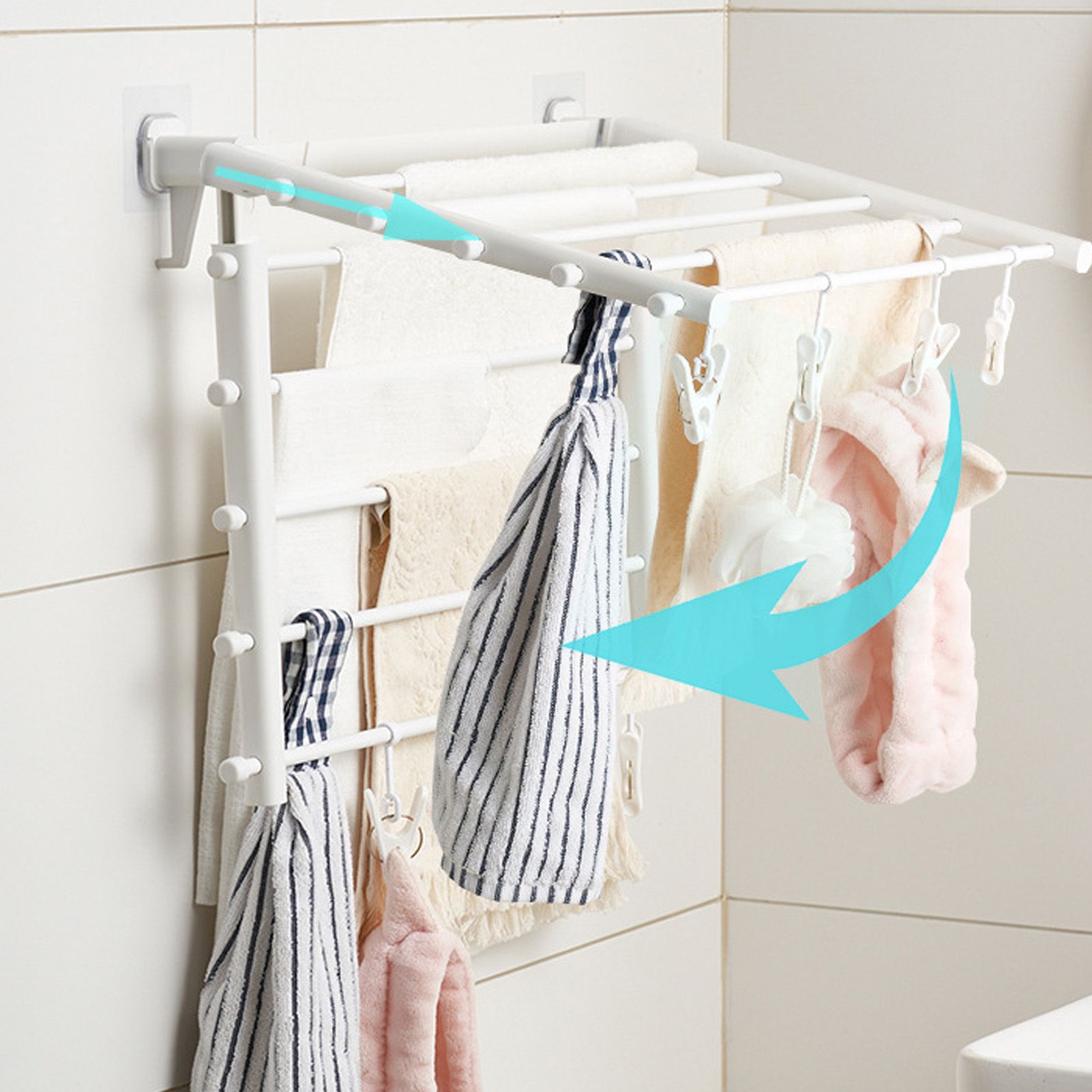 Wall Mounted Clothes Drying Rack Folding Telescopic Punch Free Plastic Laundry view 13