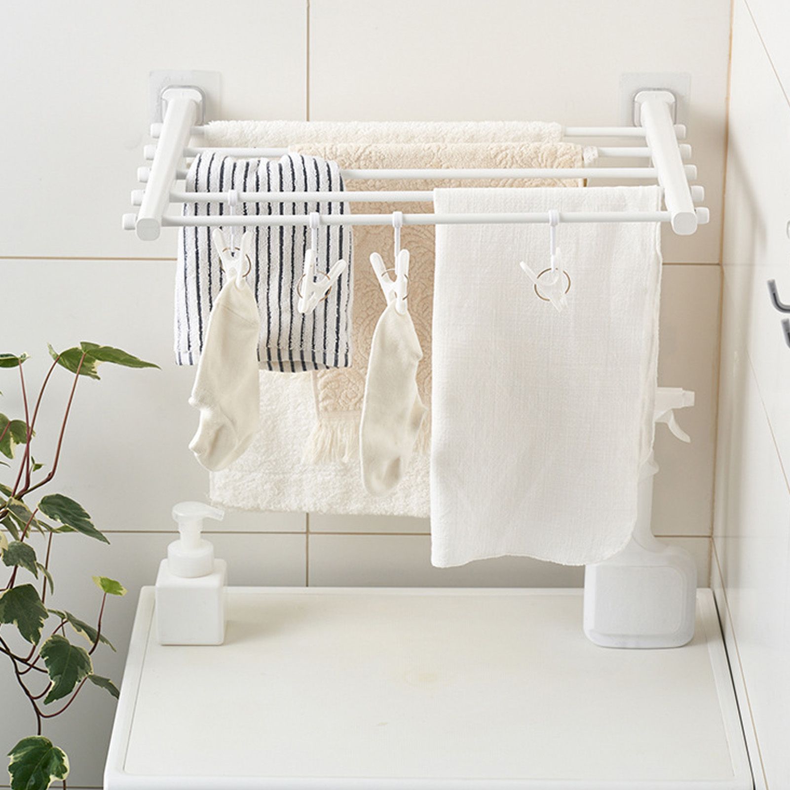 Wall Mounted Clothes Drying Rack Folding Telescopic Punch Free Plastic Laundry view 14