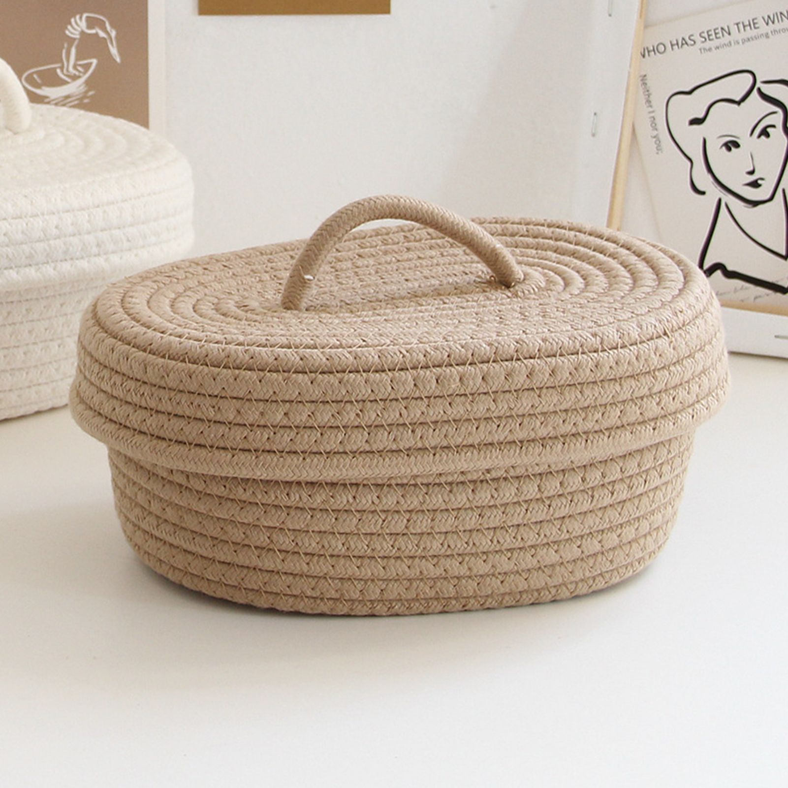 Desktop Storage Box with Lid Handmade Cotton Rope Storage Basket for Makeup view 5