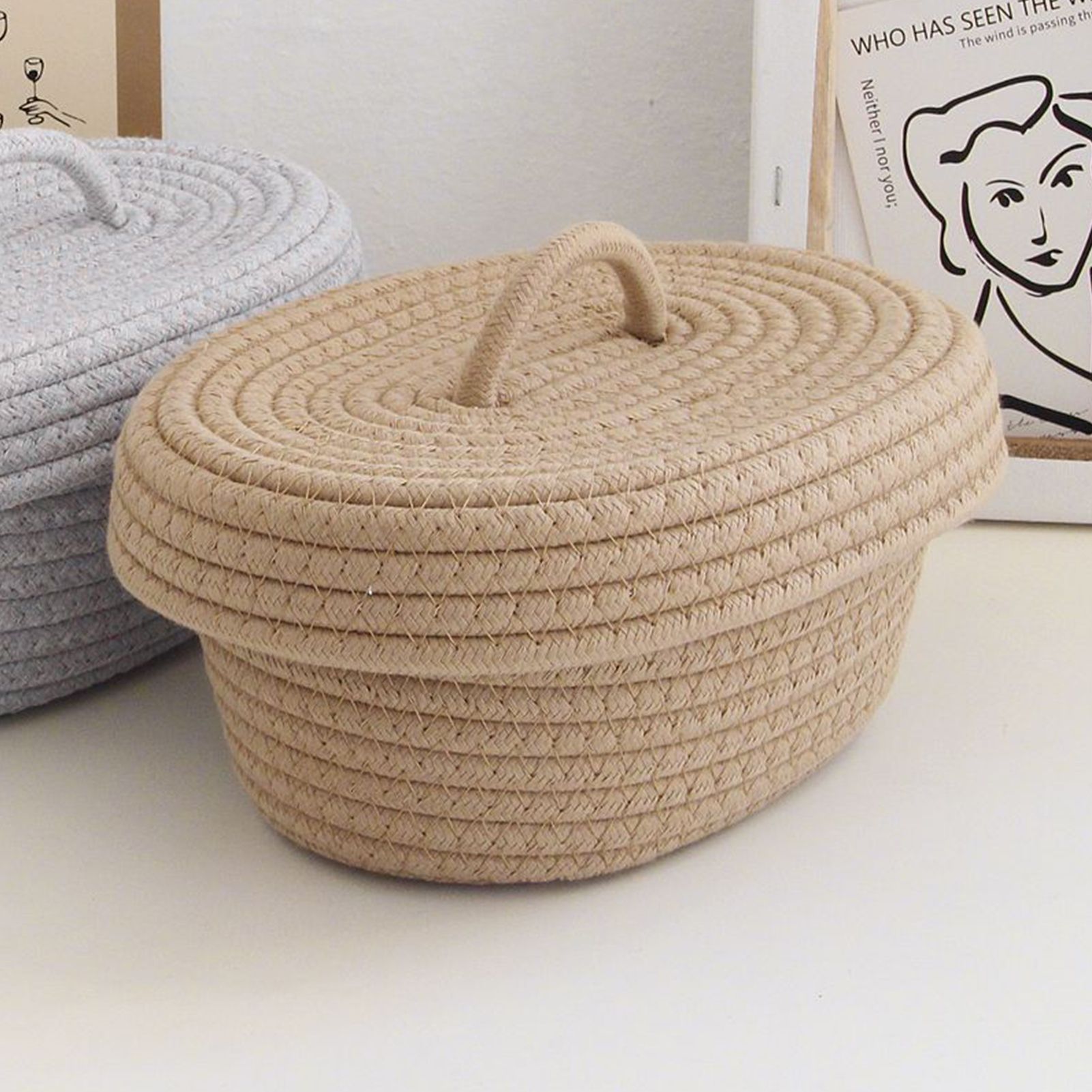 Desktop Storage Box with Lid Handmade Cotton Rope Storage Basket for Makeup view 6