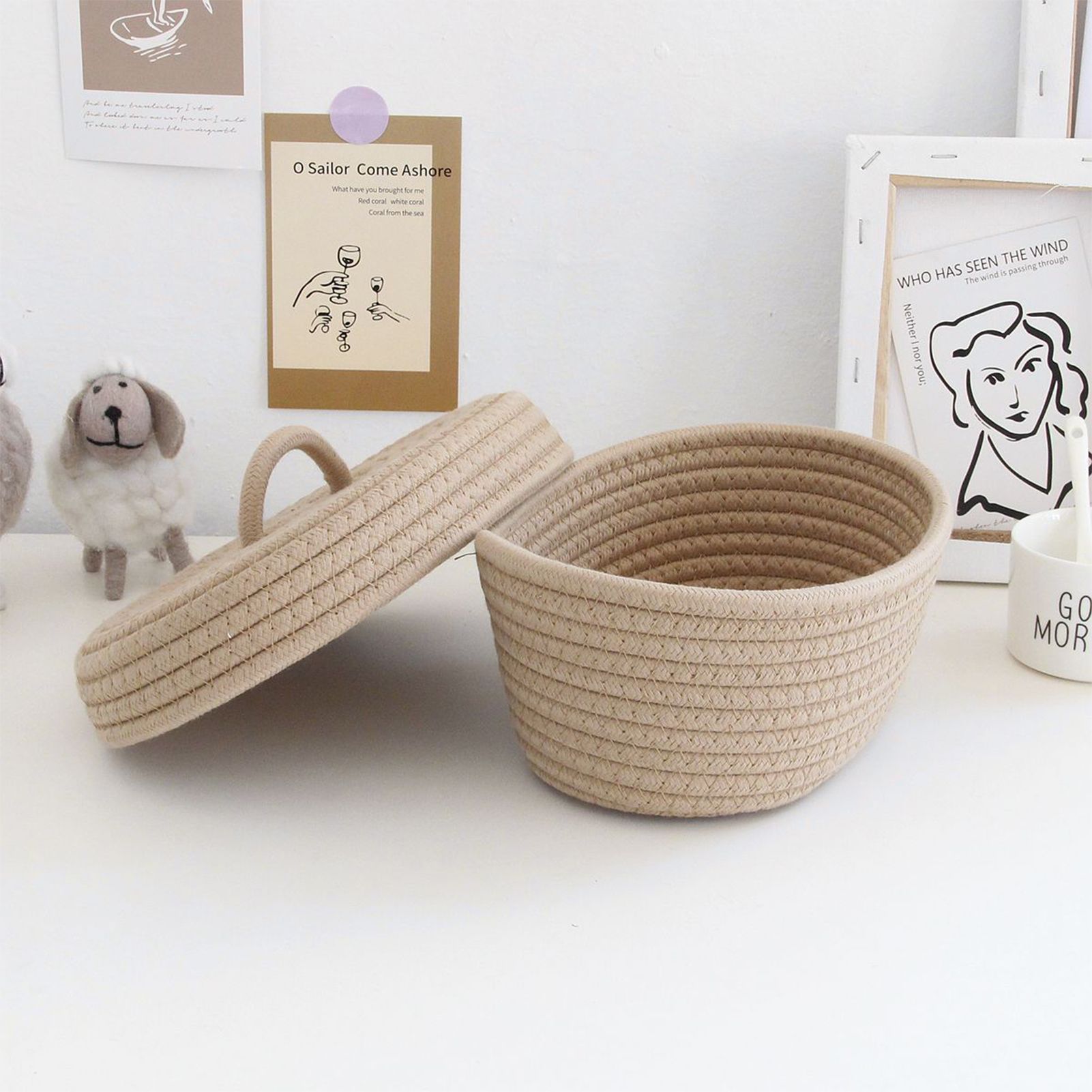 Desktop Storage Box with Lid Handmade Cotton Rope Storage Basket for Makeup view 10
