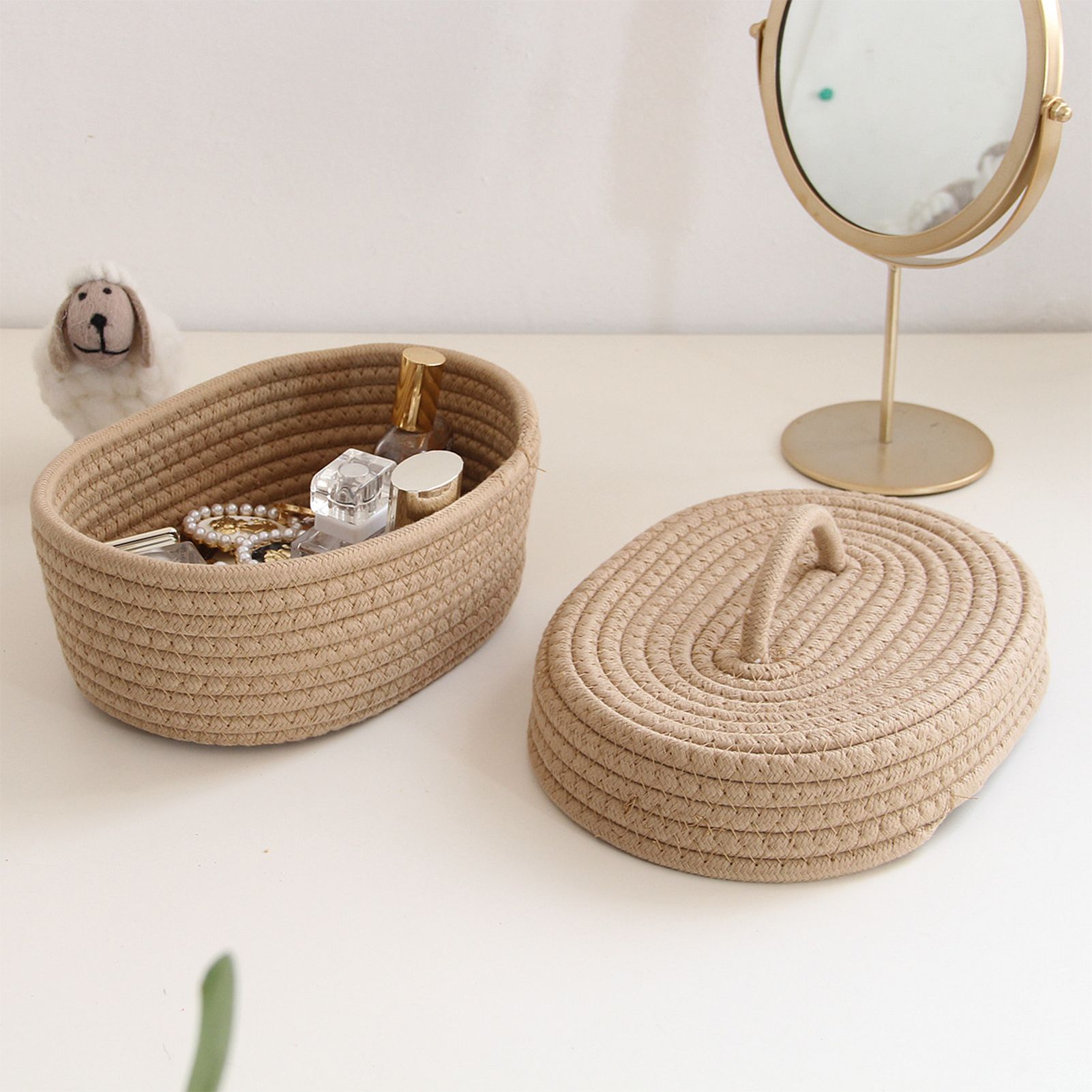 Desktop Storage Box with Lid Handmade Cotton Rope Storage Basket for Makeup view 11