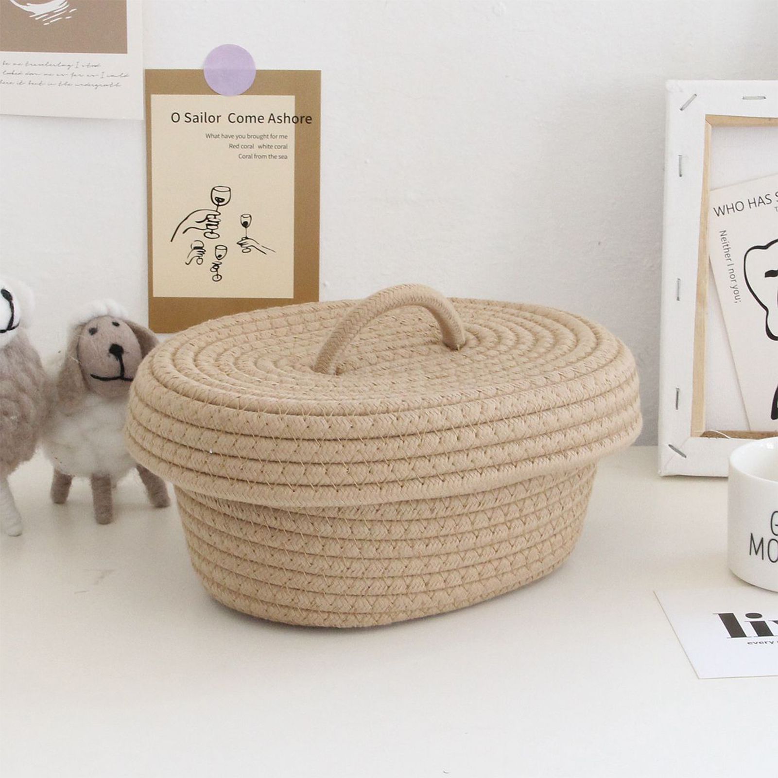 Desktop Storage Box with Lid Handmade Cotton Rope Storage Basket for Makeup view 12