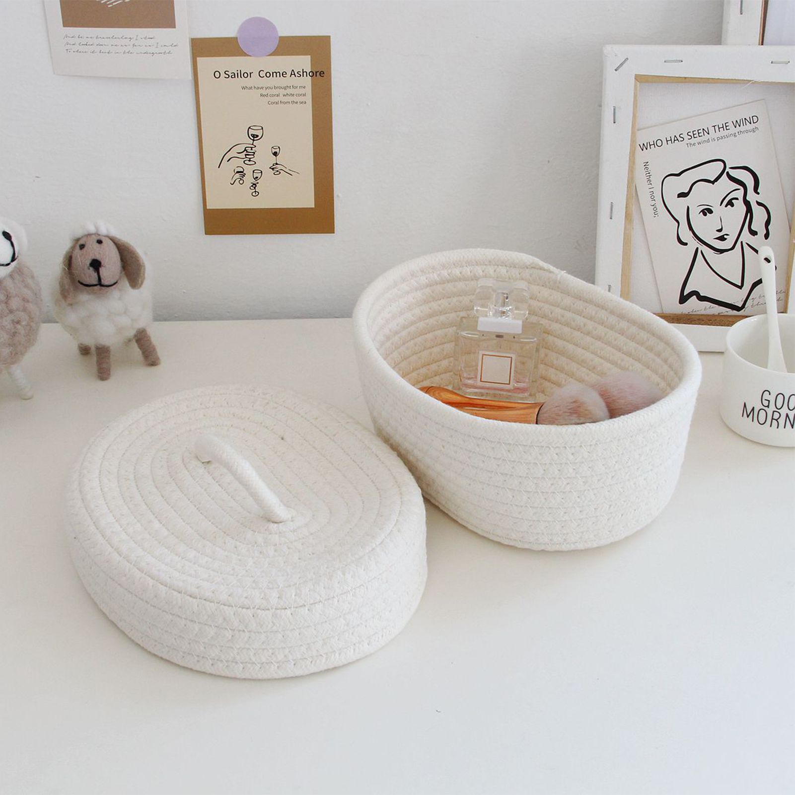 Desktop Storage Box with Lid Handmade Cotton Rope Storage Basket for Makeup view 5