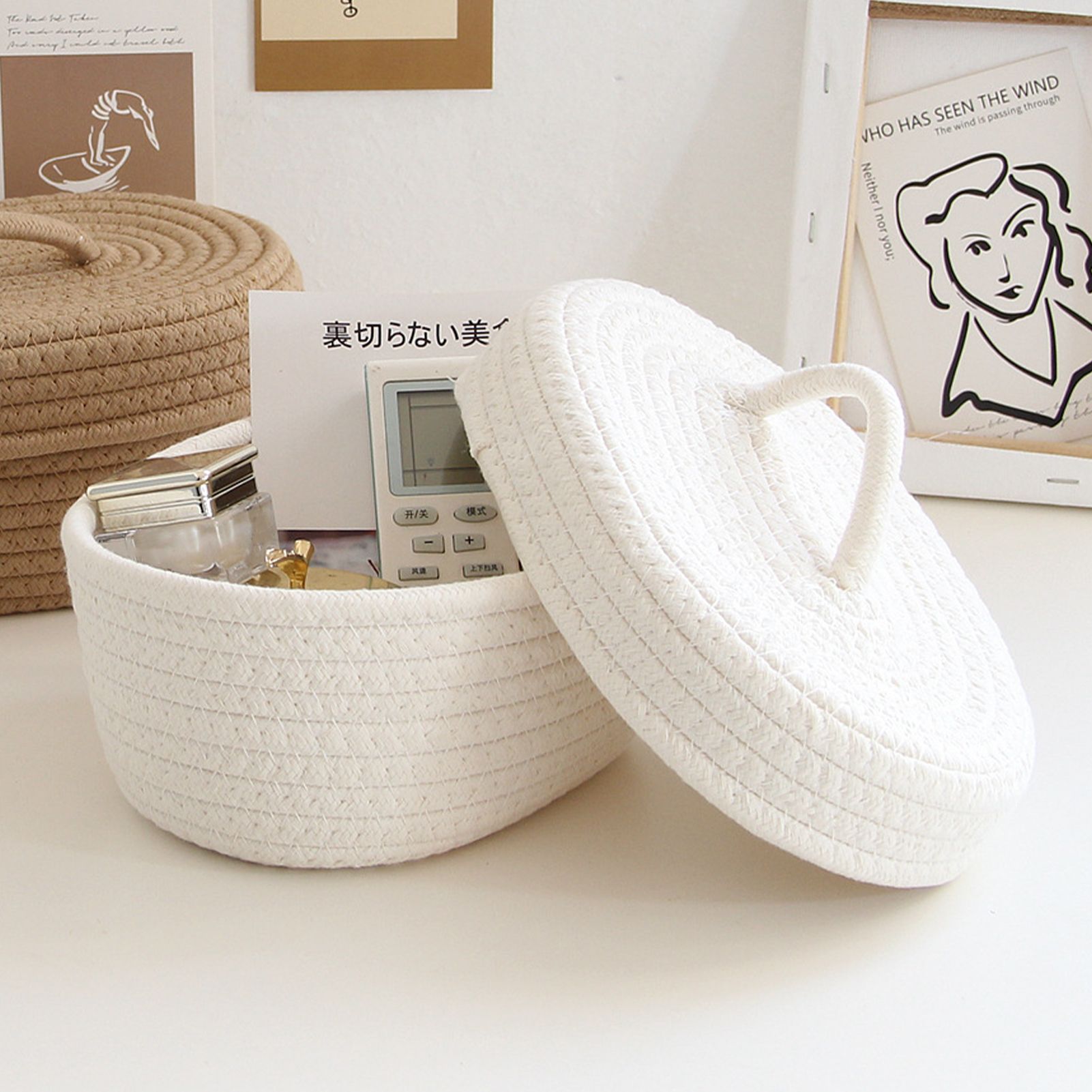 Desktop Storage Box with Lid Handmade Cotton Rope Storage Basket for Makeup view 6