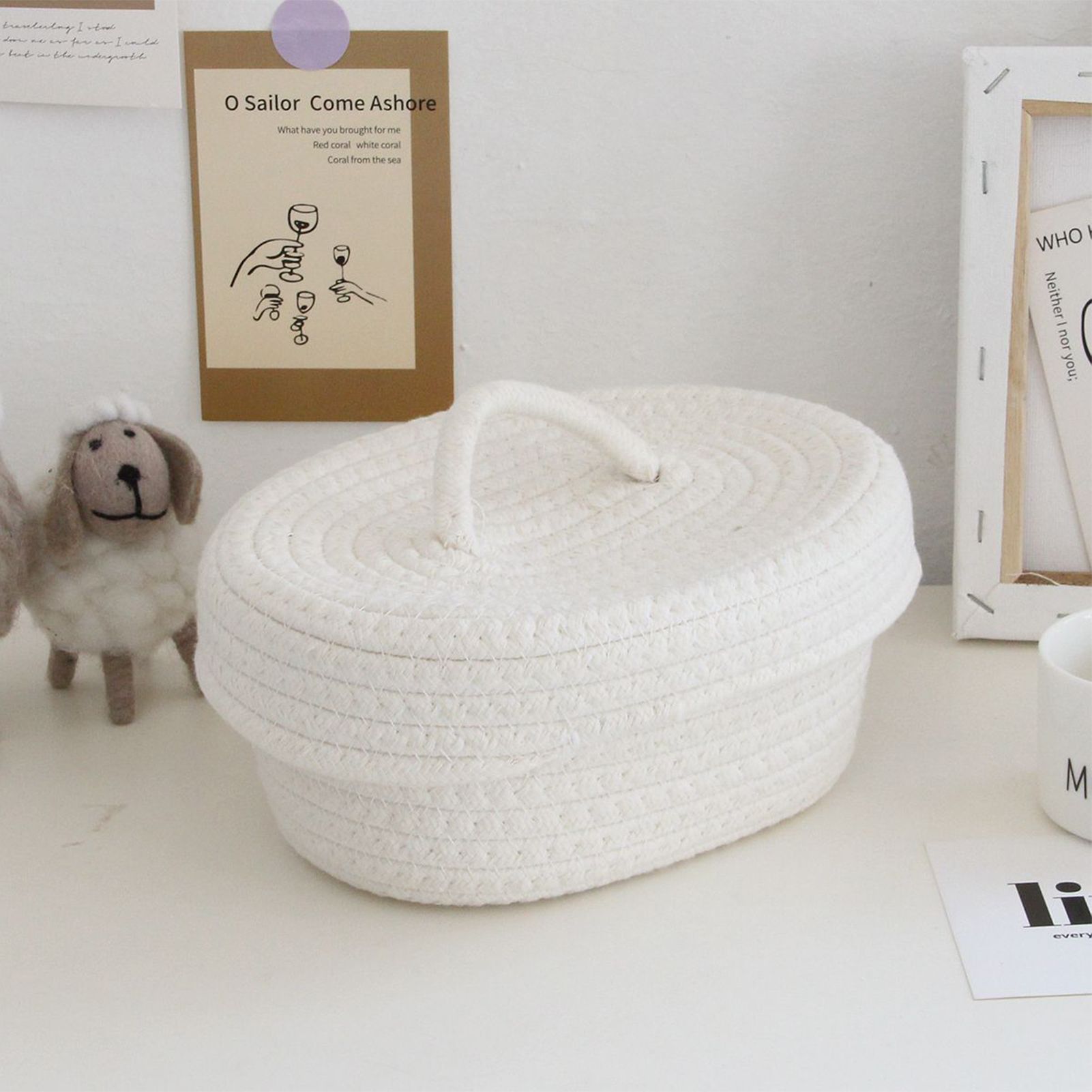 Desktop Storage Box with Lid Handmade Cotton Rope Storage Basket for Makeup view 9