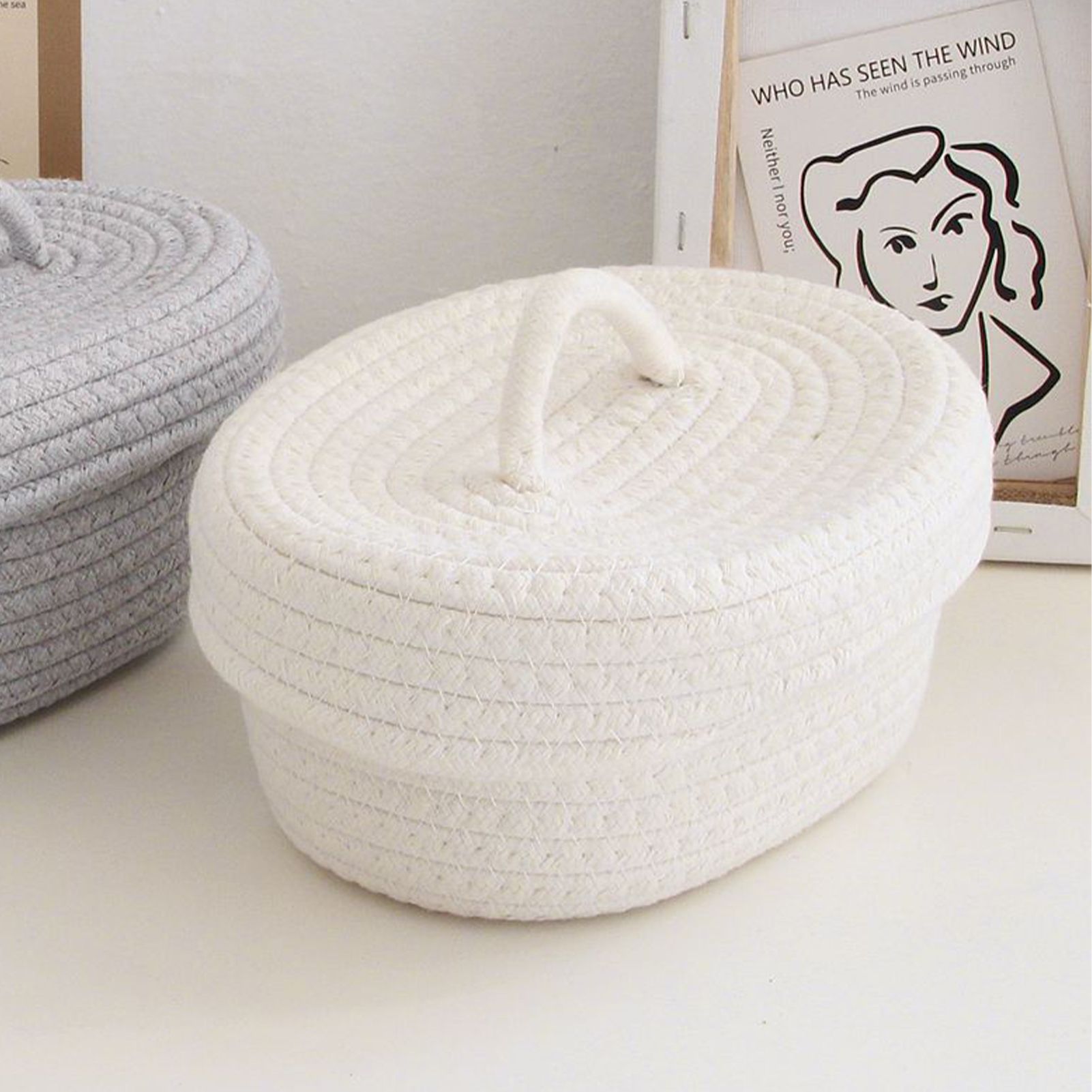 Desktop Storage Box with Lid Handmade Cotton Rope Storage Basket for Makeup view 11