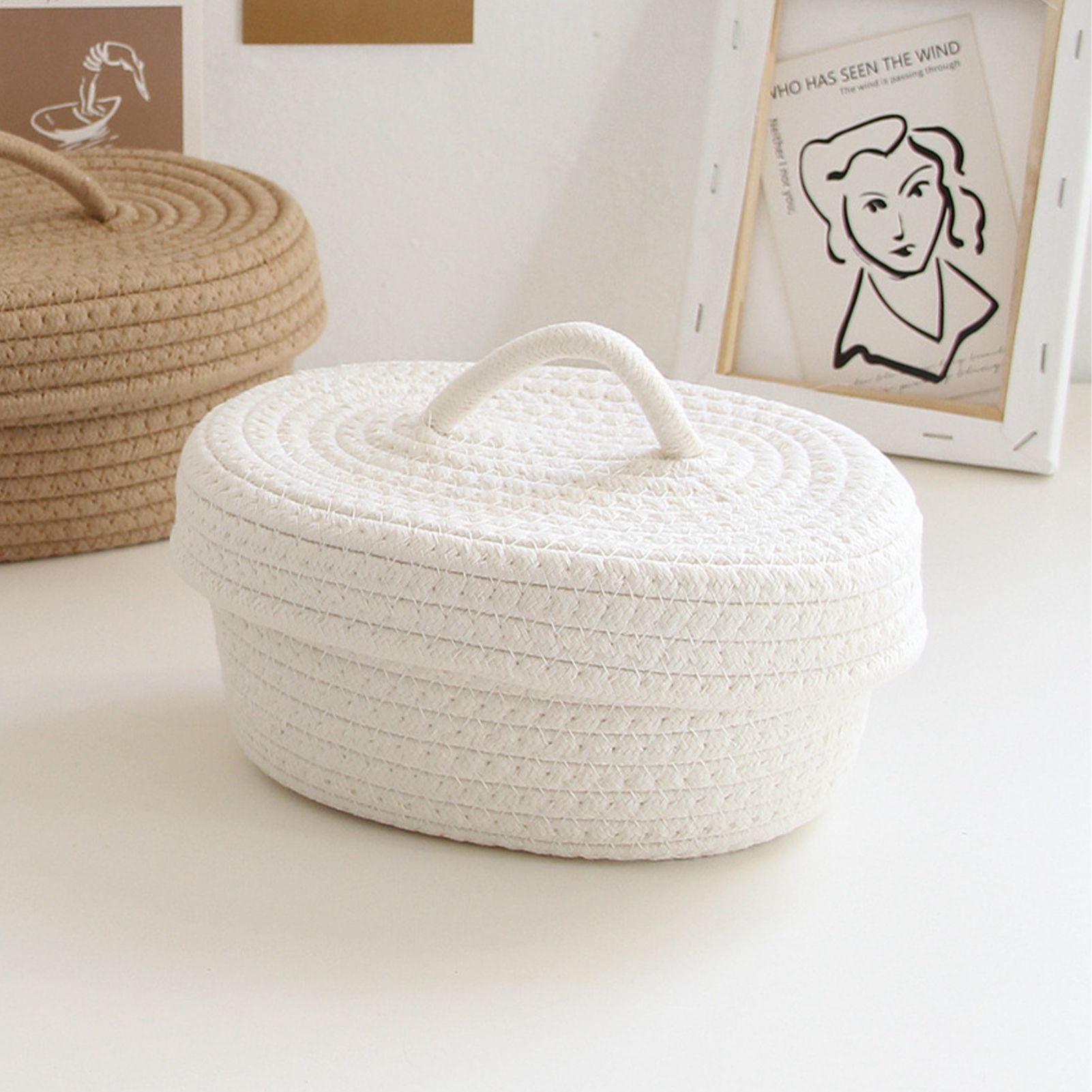 Desktop Storage Box with Lid Handmade Cotton Rope Storage Basket for Makeup view 12