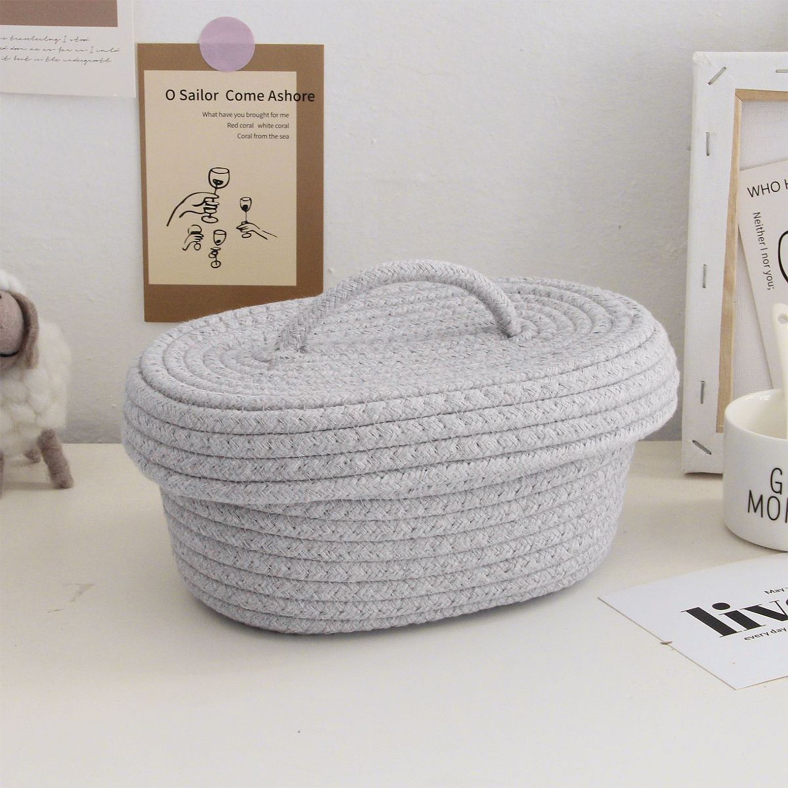 Desktop Storage Box with Lid Handmade Cotton Rope Storage Basket for Makeup view 5