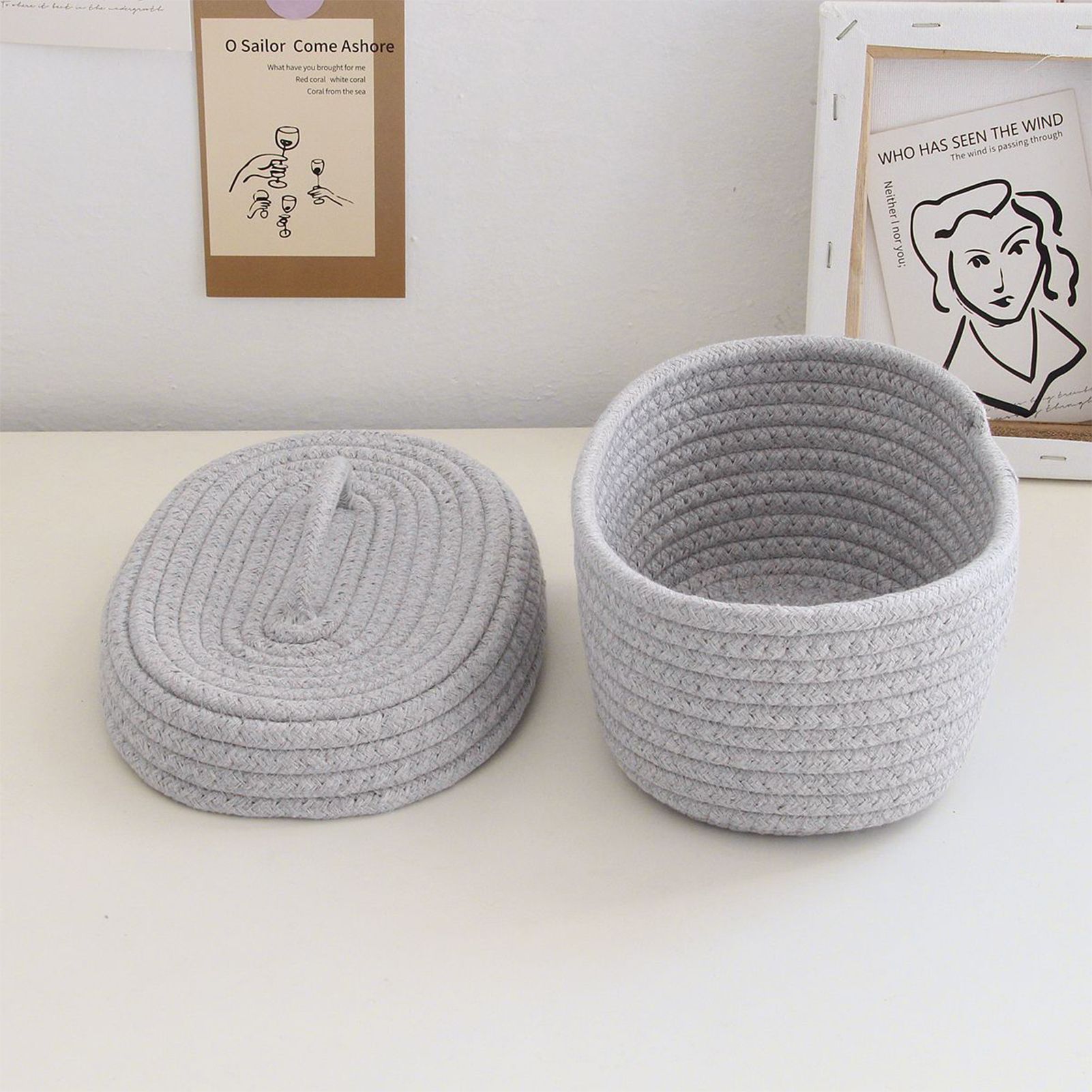 Desktop Storage Box with Lid Handmade Cotton Rope Storage Basket for Makeup view 10