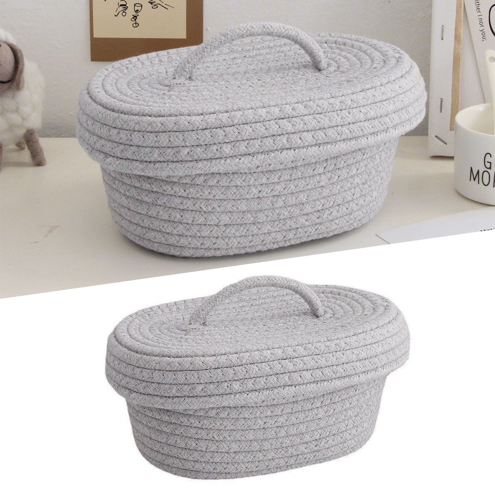 Desktop Storage Box with Lid Handmade Cotton Rope Storage Basket for Makeup view 11