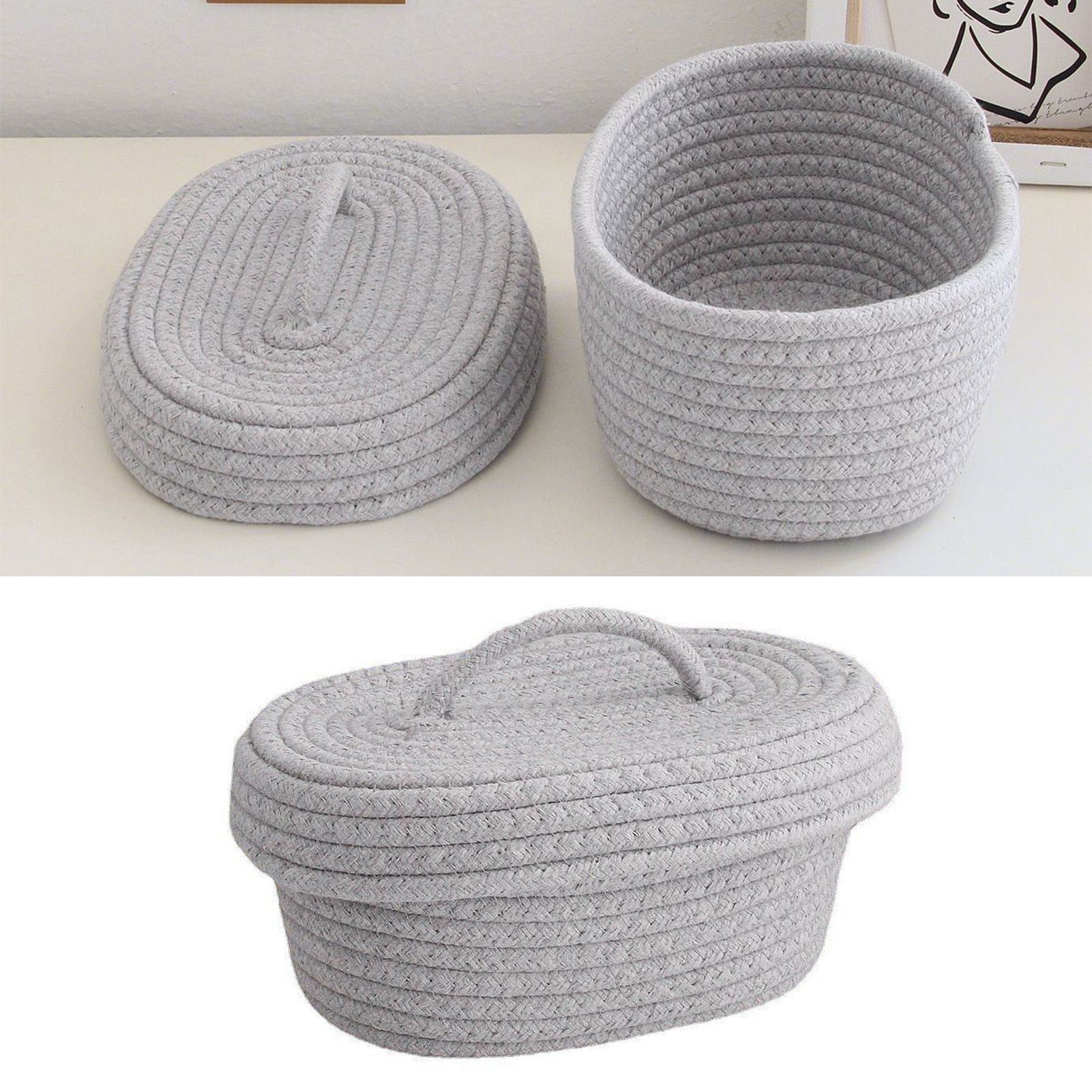 Desktop Storage Box with Lid Handmade Cotton Rope Storage Basket for Makeup view 12