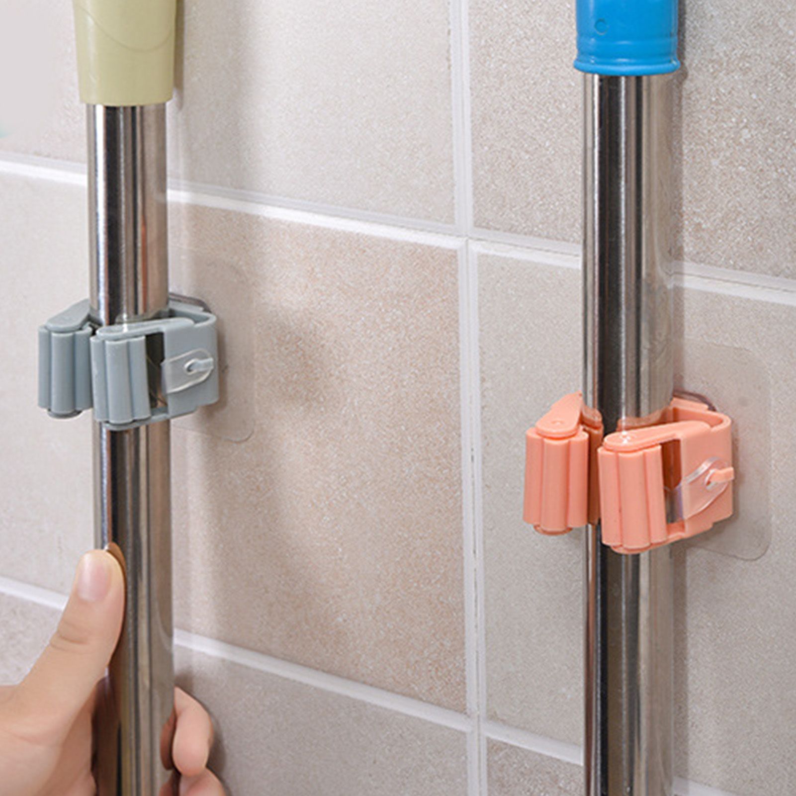 3pcs Wall Mounted Mop Holder Strong Adhesion Plastic Mop Broom Holder for view 6