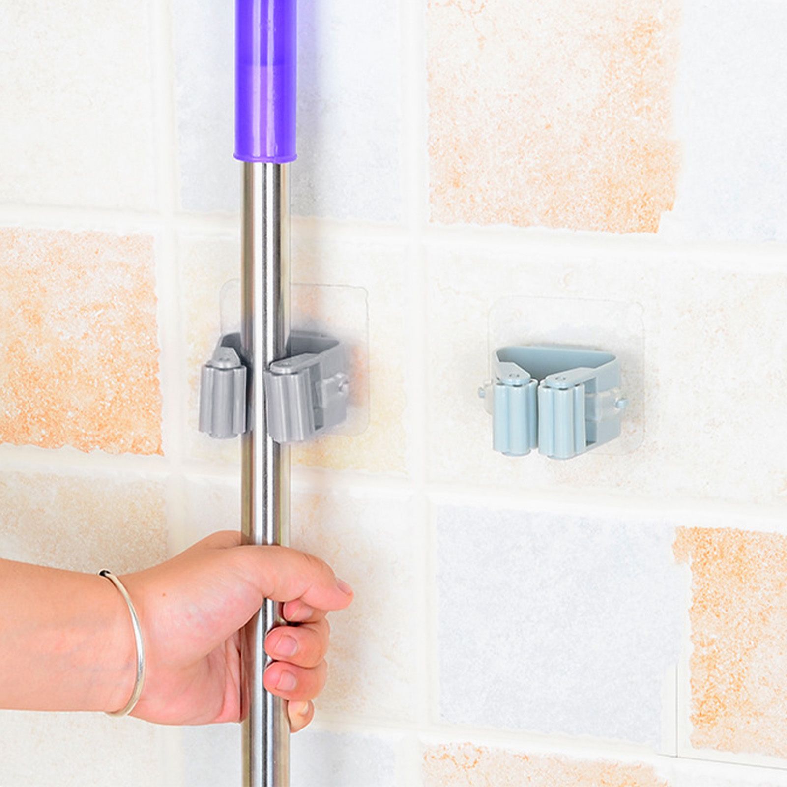 3pcs Wall Mounted Mop Holder Strong Adhesion Plastic Mop Broom Holder for view 12