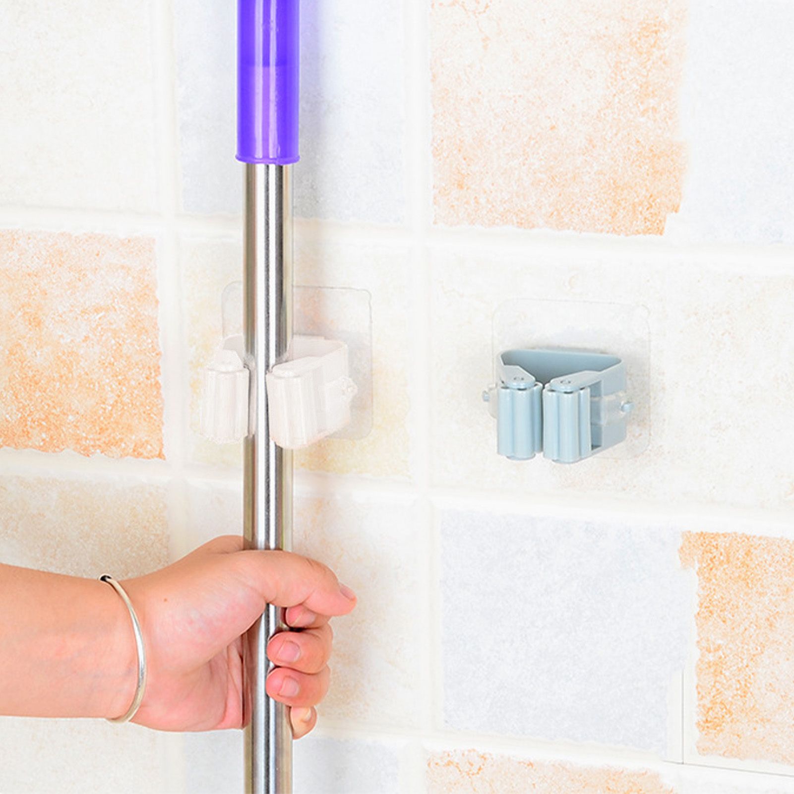 3pcs Wall Mounted Mop Holder Strong Adhesion Plastic Mop Broom Holder for view 11