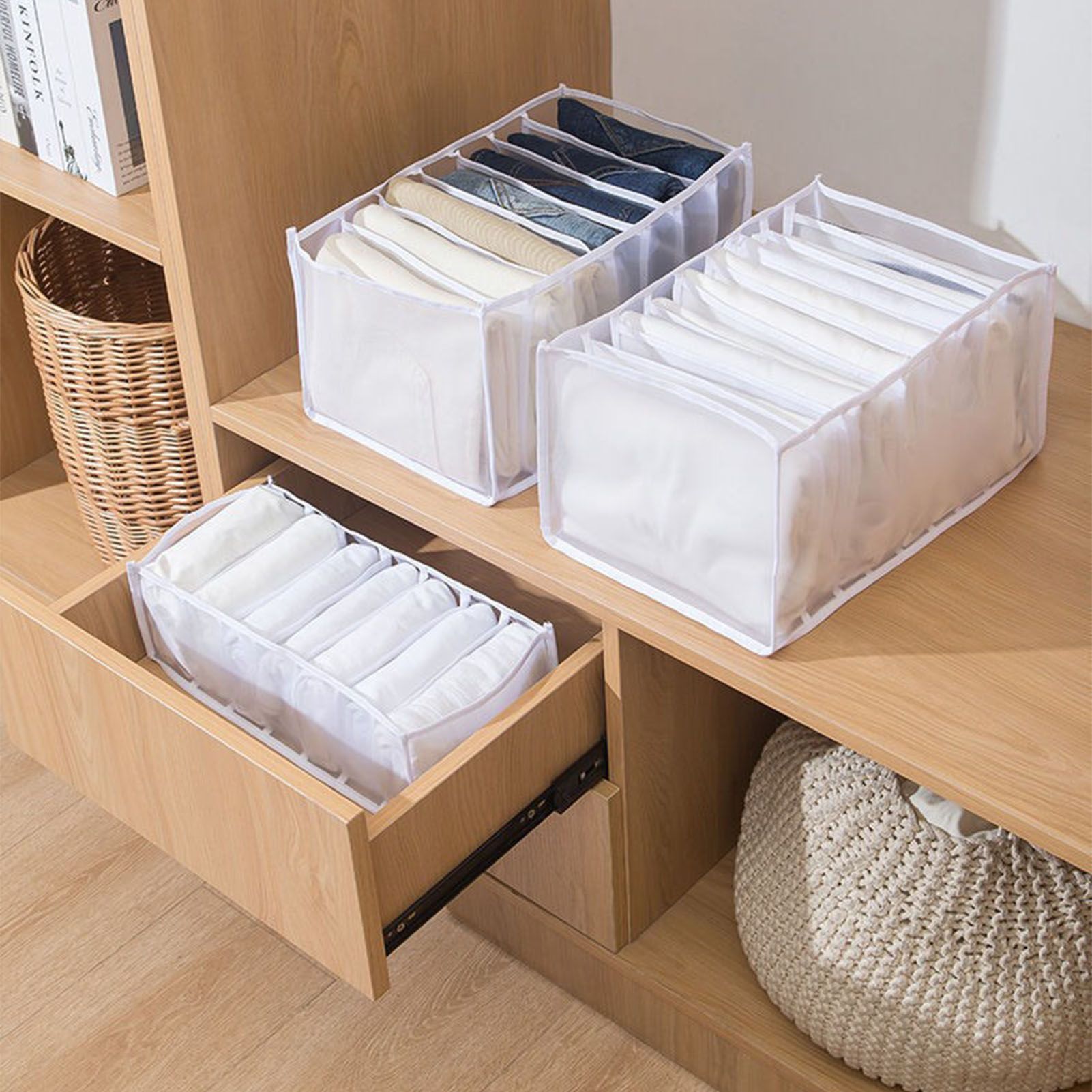 2Pcs White 7 Gird Pants Divider Storage Box Pants 7 Compartment Closet Pants view 5