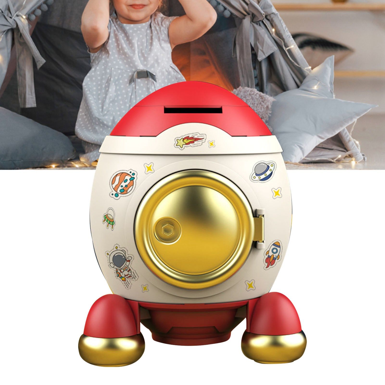 Cartoon Style Space Rocket Piggy Bank Money Bank Money Saving Jar Boys Girls view 6