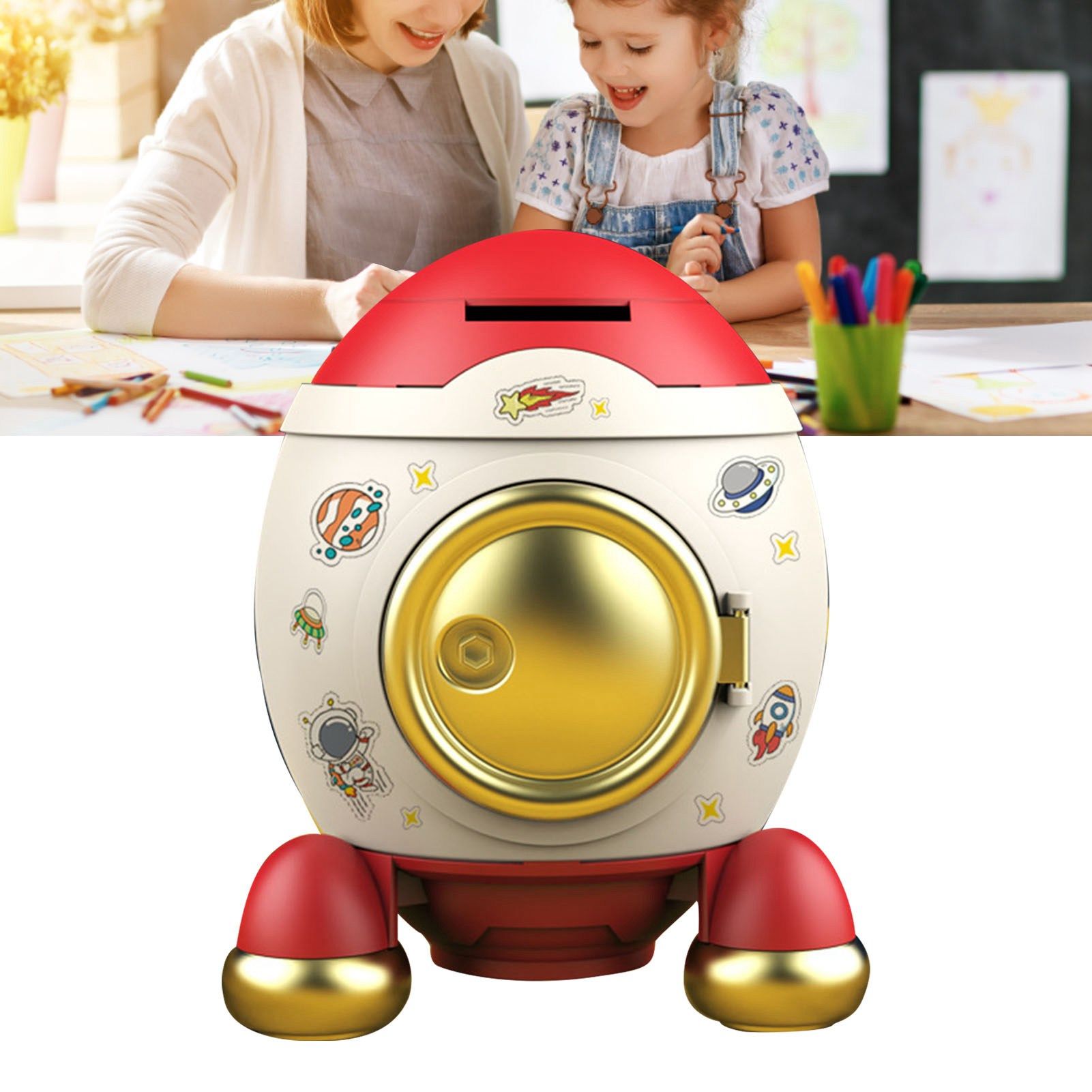Cartoon Style Space Rocket Piggy Bank Money Bank Money Saving Jar Boys Girls view 11