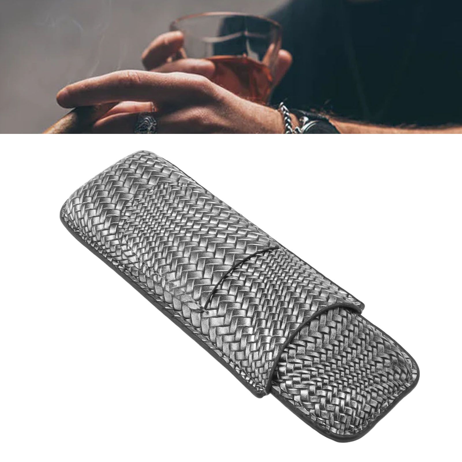 Cigar Case Holder Elegant Vintage Style Woven Pattern Leather Portable 2 view 11