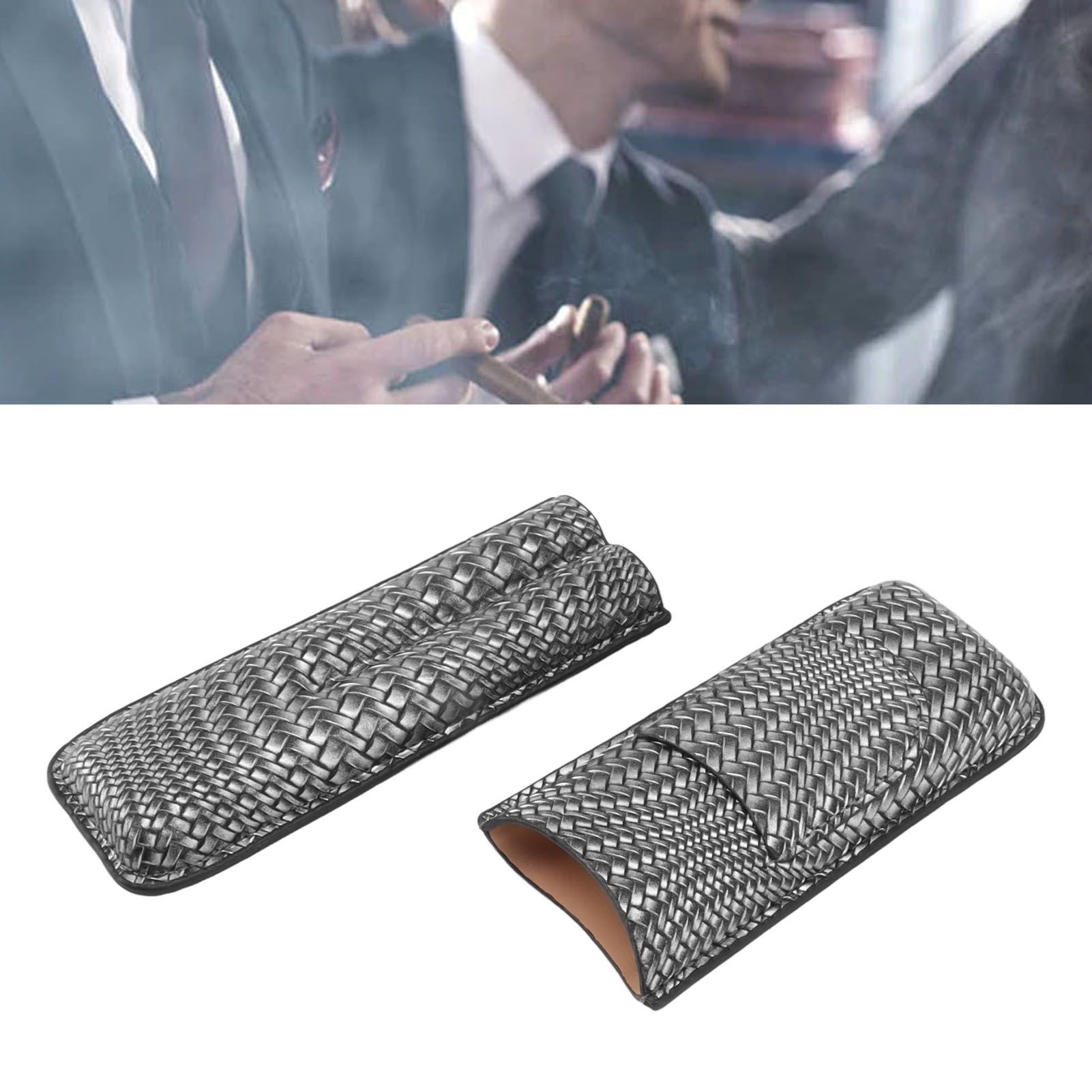 Cigar Case Holder Elegant Vintage Style Woven Pattern Leather Portable 2 view 12
