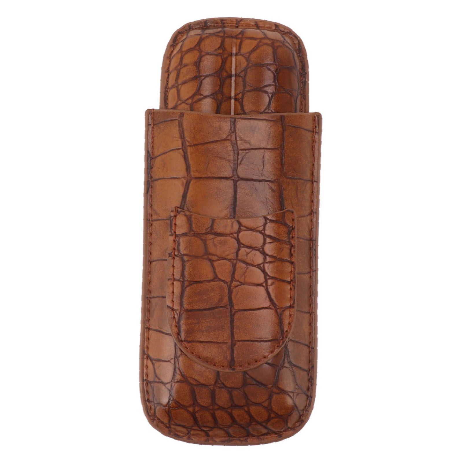 Cigar Case Holder Brown Crocodile Skin Pattern PU Leather 2 Finger Portable