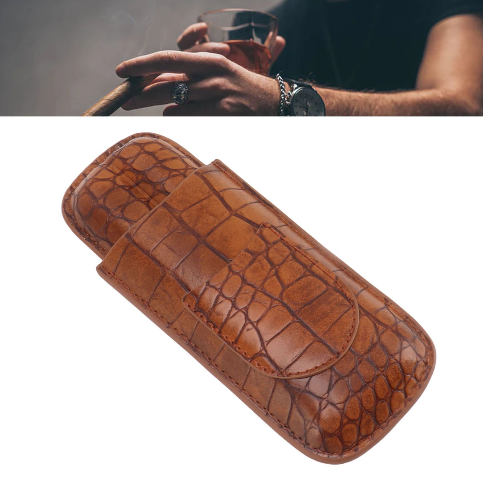 Cigar Case Holder Brown Crocodile Skin Pattern PU Leather 2 Finger Portable view 11