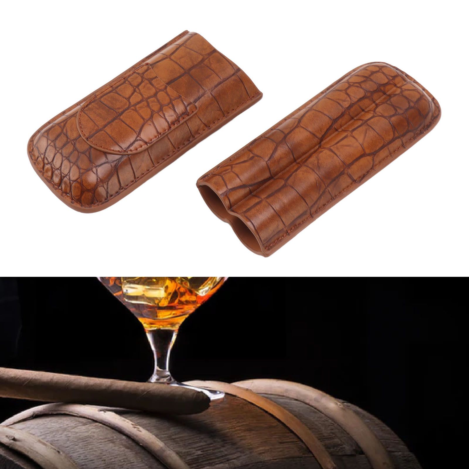 Cigar Case Holder Brown Crocodile Skin Pattern PU Leather 2 Finger Portable view 12