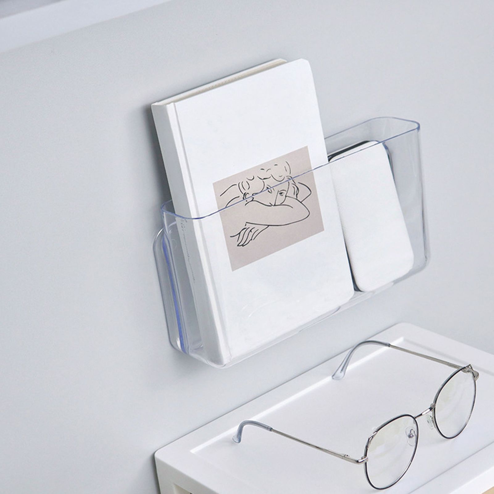 Adhesive Storage Bin Transparent Plastic Wall Mounted Floating Storage Holder view 5