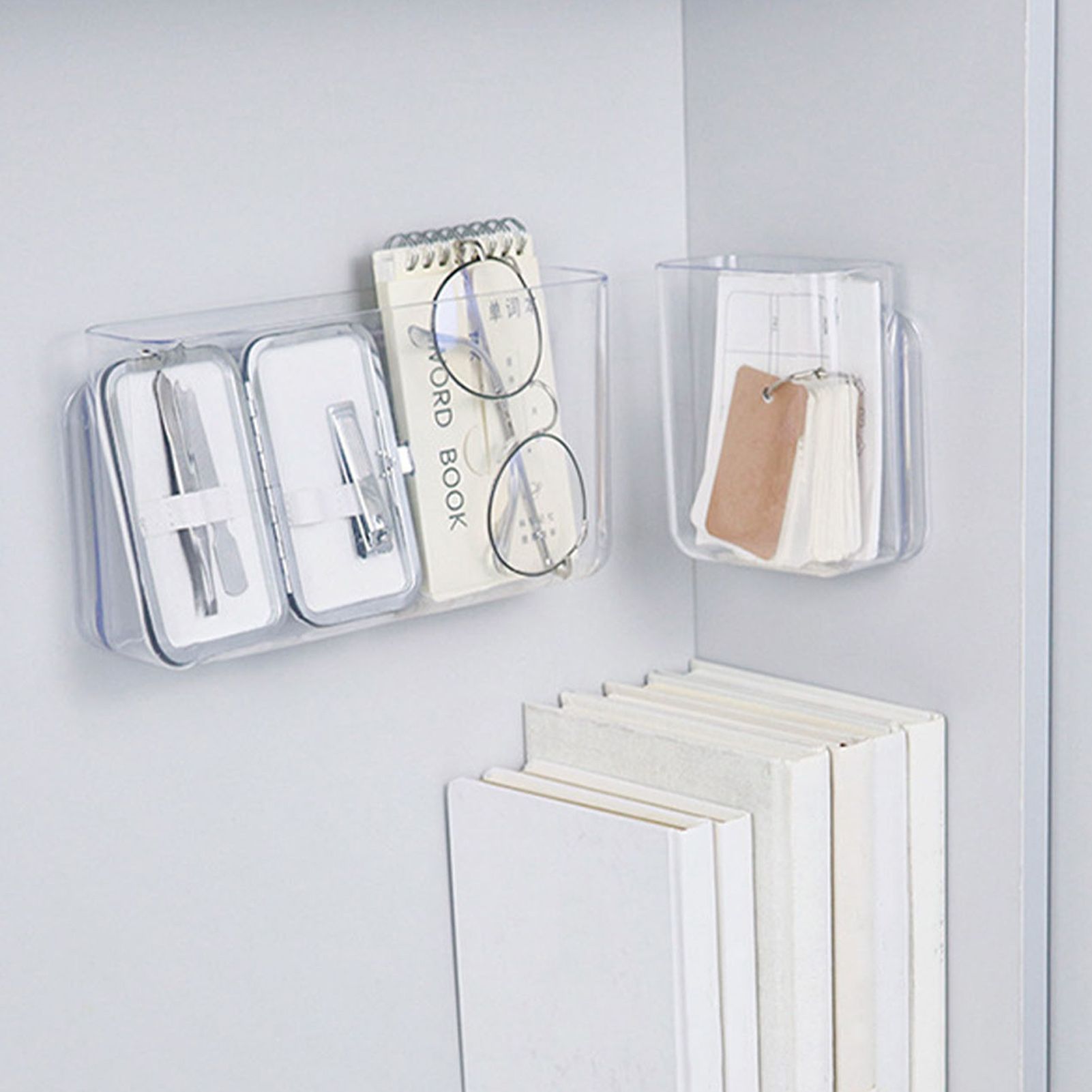 Adhesive Storage Bin Transparent Plastic Wall Mounted Floating Storage Holder view 11
