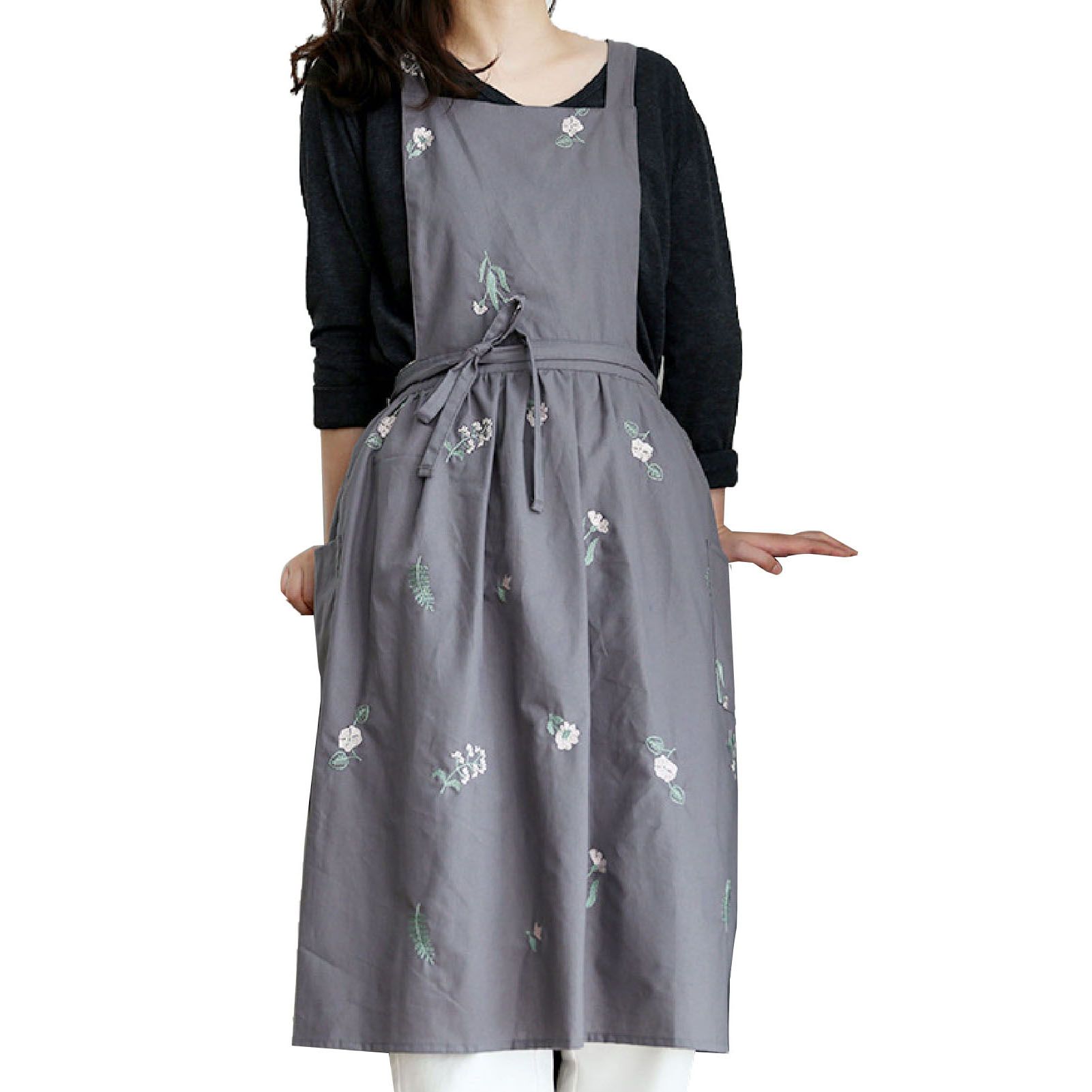 Cooking Apron Flower Embroidery Waterproof Wear Resistant Baking Apron for